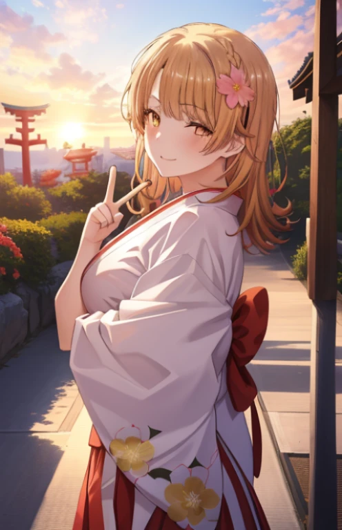 masutepiece, High quality, Best Quality, High resolution, 4K, High Definition, Beautiful lighting,Highly detailed face, well-drawn hands, well-drawn legs,well-drawn feet,well-drawn eyes,1girl in, iroha, Brown hair, The long-haired， hair tied back，flower hair ornament，yellow kimono，Furisode，long  skirt，Zouri，shrines，Sunrise， Smiling , red lines under eyes, Close both eyes, girl peace pose, girl peace sign, (((from the front side))) ,Medium breasts