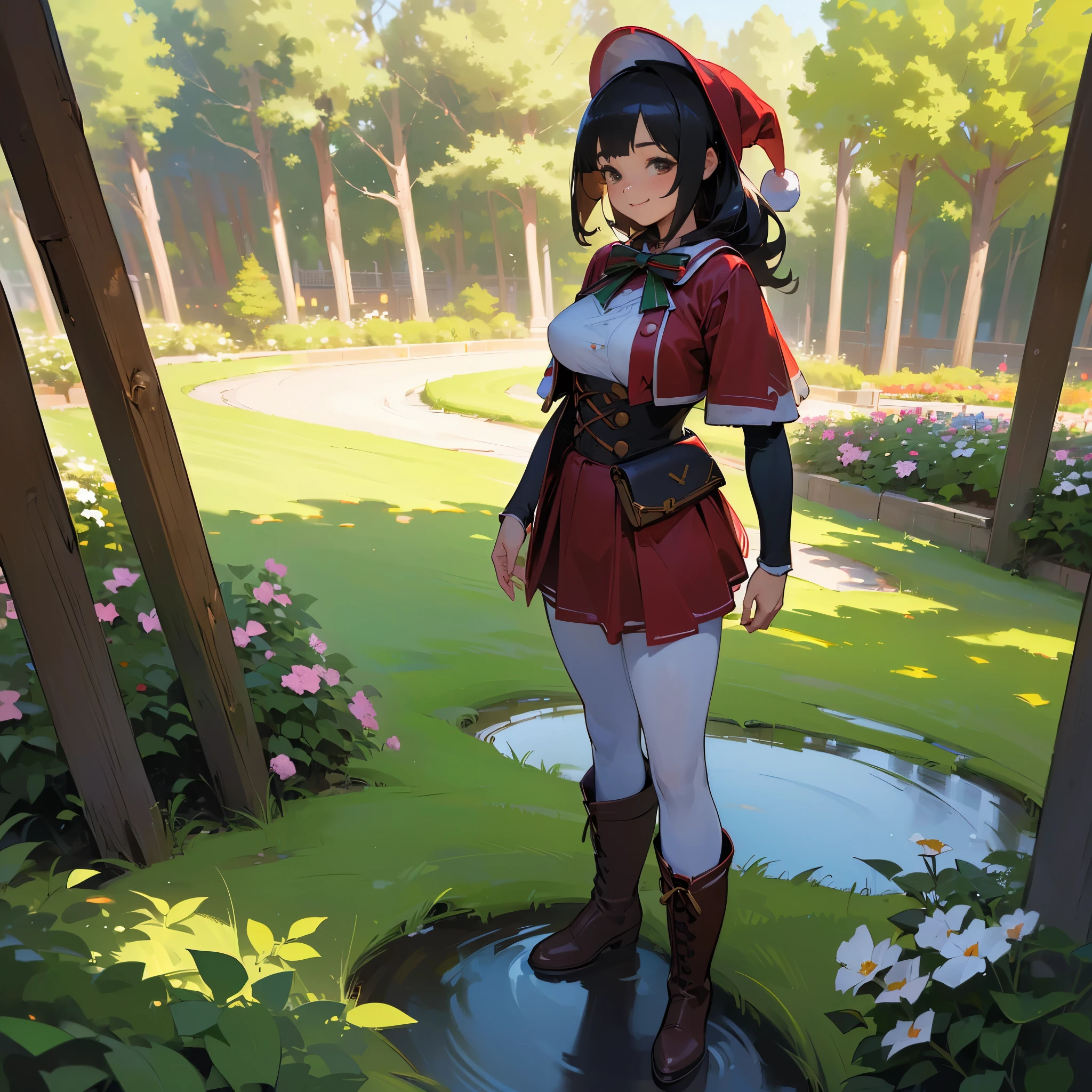 (High quality, High resolution, Ultra-detailed, Realistic:1.37), peaceful ambiance, (plein air, garden), Teenage girl standing alone, (My breasts are big.), Beautiful detailed features, Cute smile, (Black bob hair), Santa Claus Costume, a red skirt, Black tights, Brown boots.