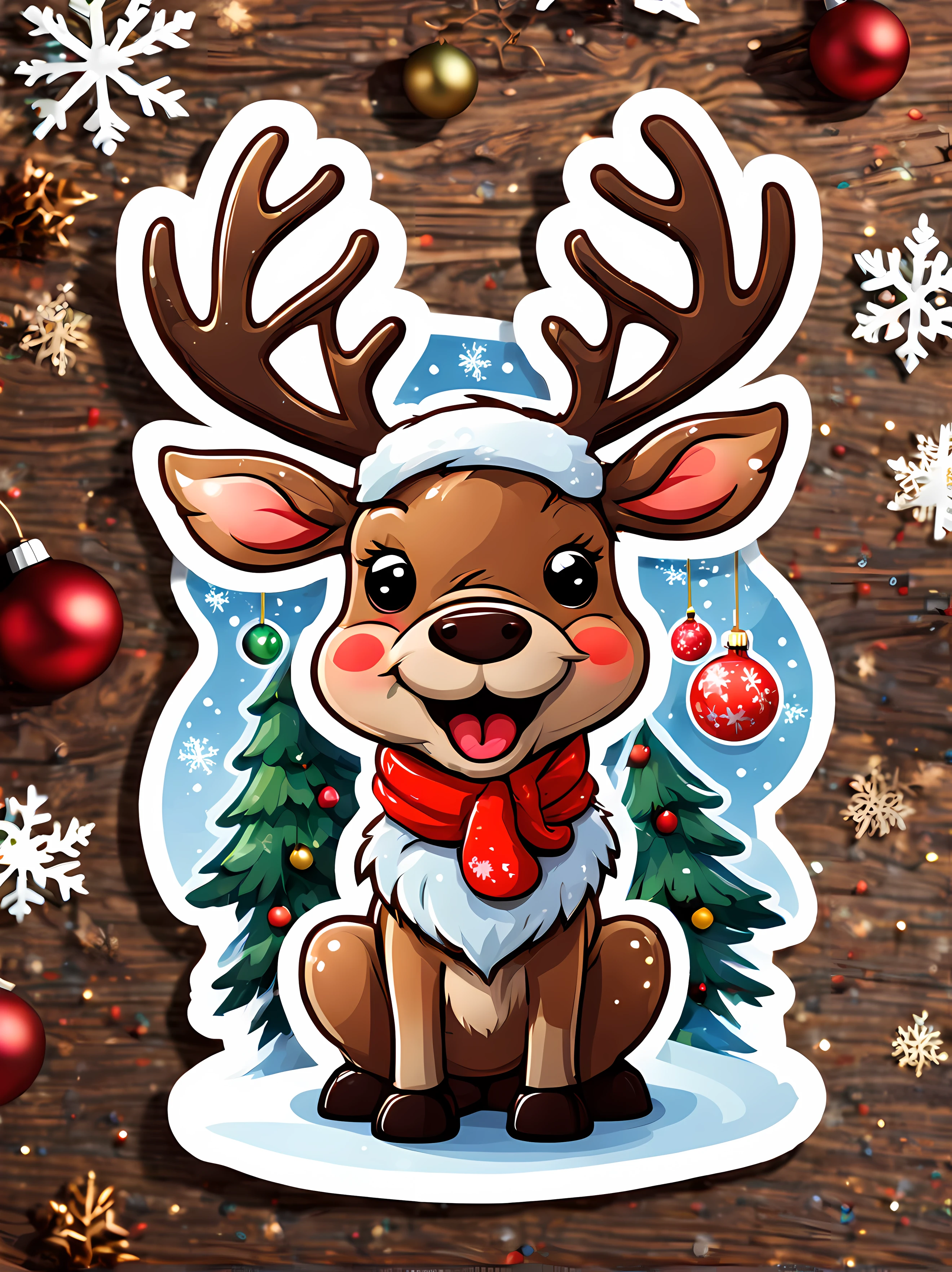 (sticker). | Masterpiece in maximum 16K resolution. | (A cute cartoon sticker of a mischievous reindeer wearing a Santa hat, with its tongue sticking out). | Surrounded with (glittering snowflakes). | The reindeer's (antlers are adorned with Christmas decorations). | On a table with holly and pine boughs. | More_Detail