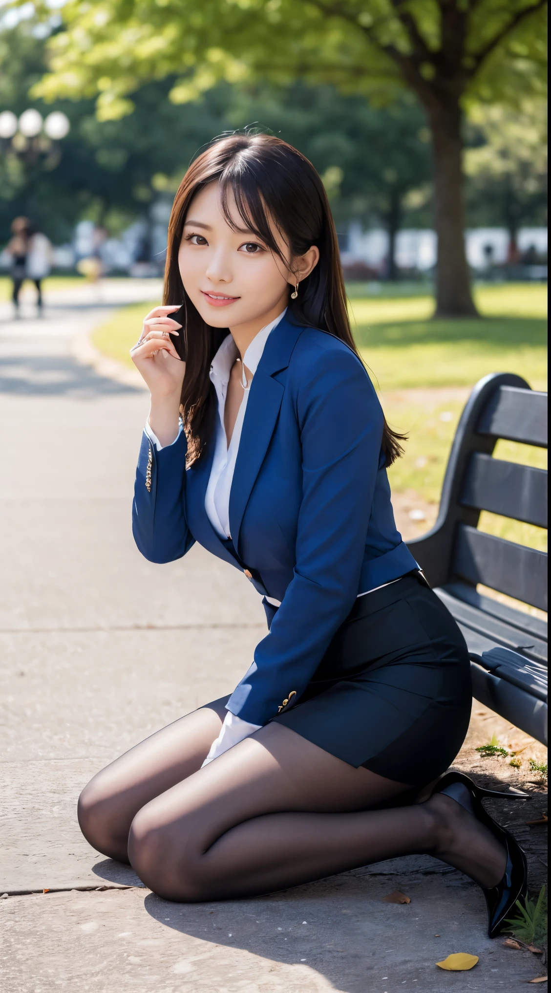 Best Quality、Top image quality、Ultra HD Images、((1人の女性、View photographer))、((Well-formed face、Actress face、Model face))、Shot from a distance、Standing、Model body type、Officelady、Slender Beauty、((Blue suit、Ribbon blouse、Blue tight skirt、Black pantyhose、high-heels))、((Perfect limbs))、((Sitting on a bench in the park and eating lunch))