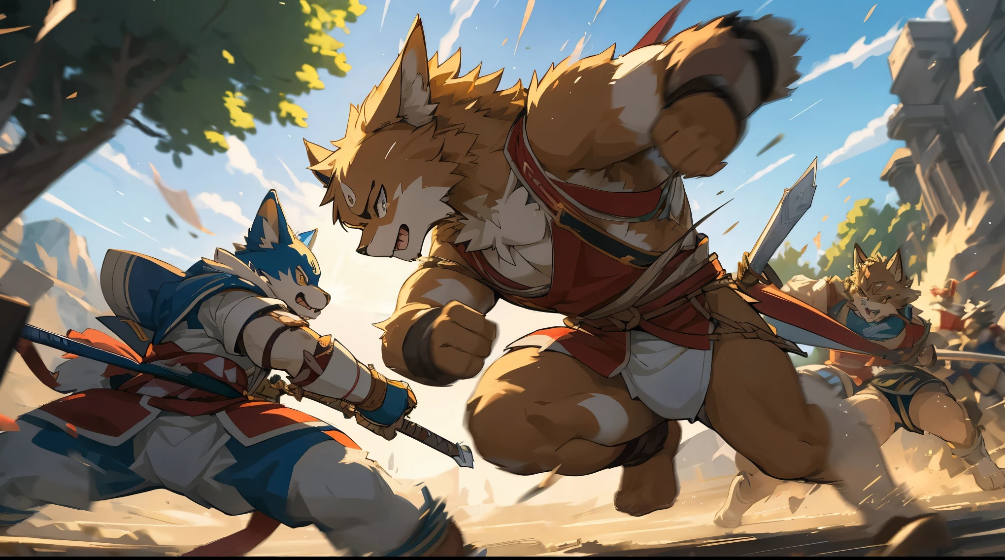 top quality, high-quality illustrations((masterpiece))depth of field, motion blur, absurdres, Perfect , magnificent picture of kemono fighting fierce battles, kemono, Anthro((dramatic))epic, weapon, Acrobat, One scene of movie,