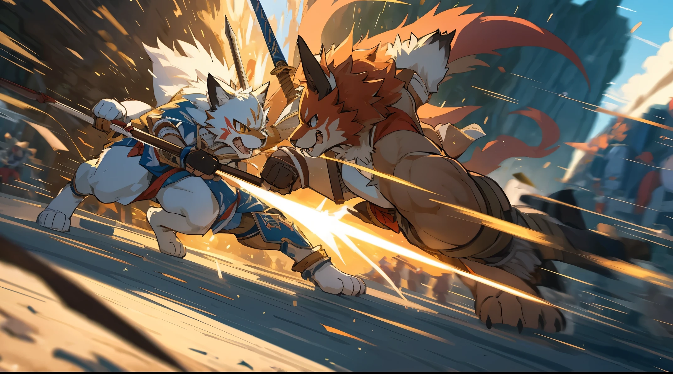 top quality, high-quality illustrations((masterpiece))depth of field, motion blur, absurdres, Perfect Anatomy, magnificent picture of kemono fighting fierce battles, kemono, Anthro((dramatic))epic, weapon, Acrobat, One scene of movie,