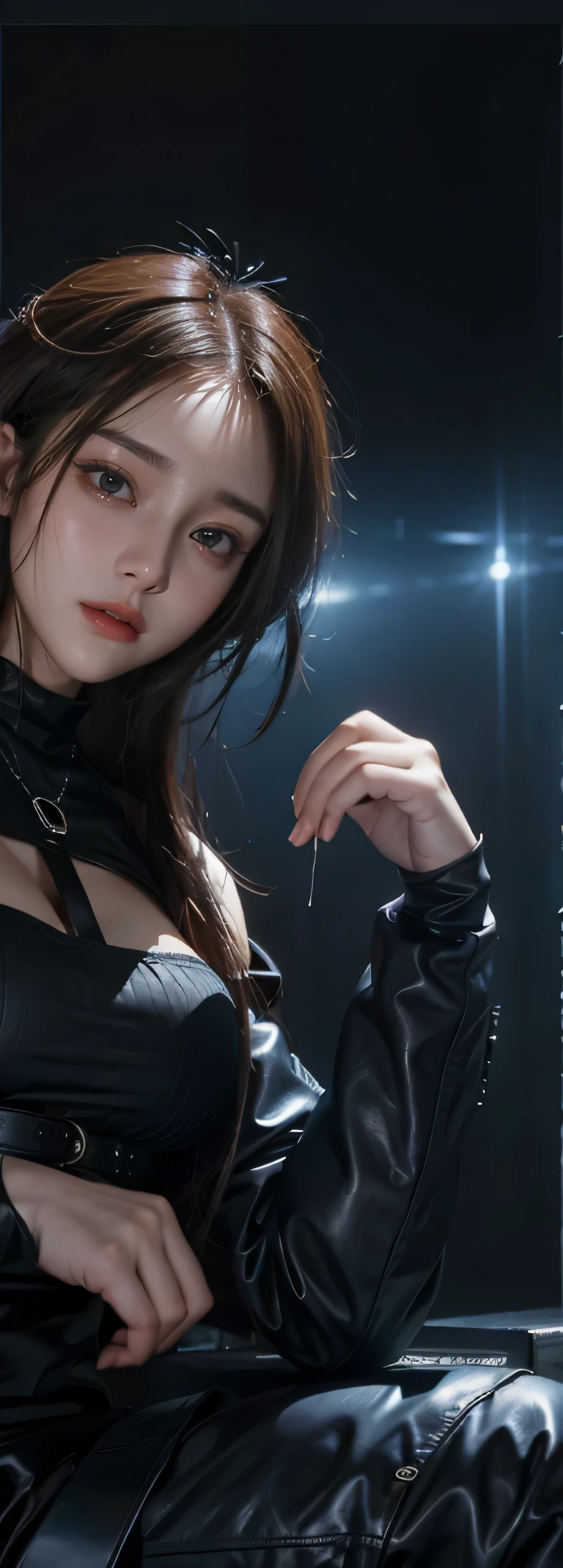 rays of sunshine, rays of sunshine, (Well-defined abs : 1.1), (perfect body figure : 1.1), (with long coiled hair : 1.2) , auburn hair, collars, Nipple chains, fully body photo, crowding street, Wearing black cyberpunk clothing，((Accurately executed CG 8k wallpaper), (Extremely Delicately Beautiful), (tmasterpiece), (Best quality:1.0), (ultra A high resolution:1.0), beautiful light up ,Perfect lightning, realistic shaded, [A high resolution], delicate skin, ultra - detailed，sit on chair