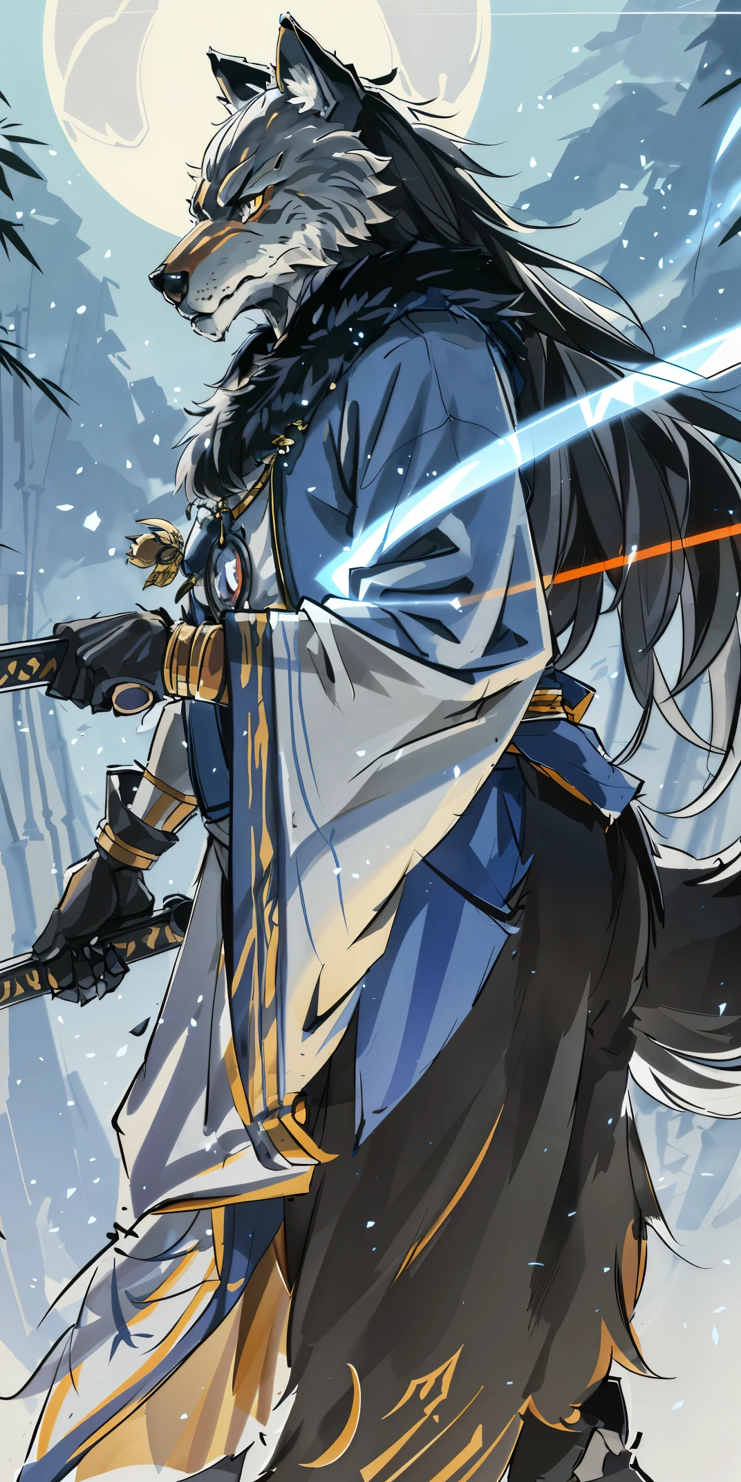 Top quality ultra-fine illustrations, movie poster, Zatoichi, Blind Swordsman, shuimobysim (bamboo forest, dark night with beautiful full moon, rays of light through bamboo, backlighting) (beautiful face and eyes with great detail) absurdres perfect ??????? ((Beastman))) (furry, solo focus, Japanese kimono, ninja, samurai, sword with blue flames, battle duels) (furry anthro:1.7) ((((furry body, wolf facial features, wolf body features)))) ((((wolf muzzle highly detailed fur)))) full body, sturdy look, shouting, combat regime (dynamic pose),