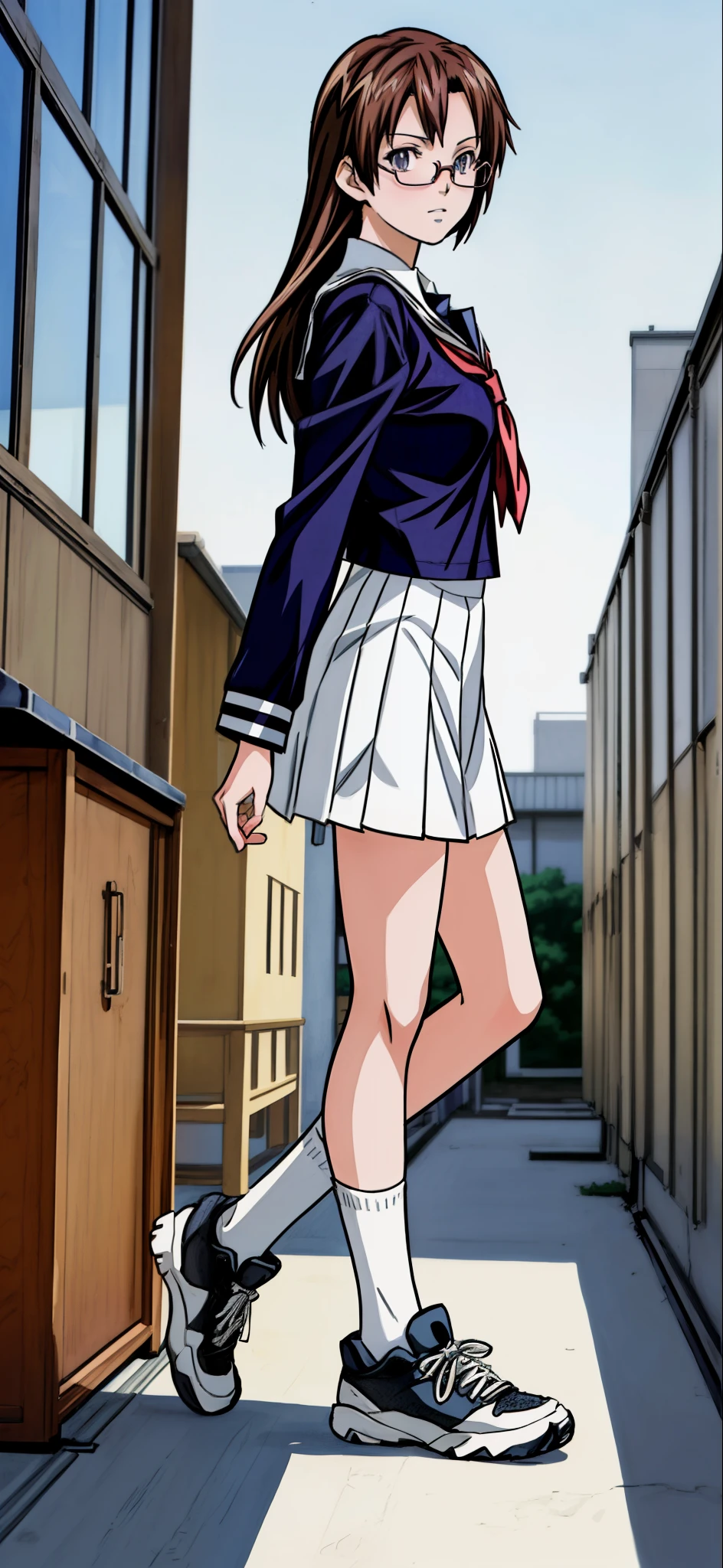 (Best Quality,4K,8K,hight resolution,masutepiece:1.2), Ultra-detailed, (Realistic,photoRealistic,photo-Realistic:1.37), glasses girl, displeased,black hair,long hair,Wearing a schoolgirl uniform, sox,Black sneakers,Beautiful detailed eyes, Beautiful detailed lips, extremely detailed eye and face, long eyelashes, Realistic anime 3D style, Smooth Anime CG Art, Digital rendering by Makoto Shinkai, Moe Anime Art Style, photoRealistic rendering of an anime girl, Shinkai Makoto style, Cute anime girl visuals, Realistic young anime girl, girl fan art, Created by Anime Artist'studio of.