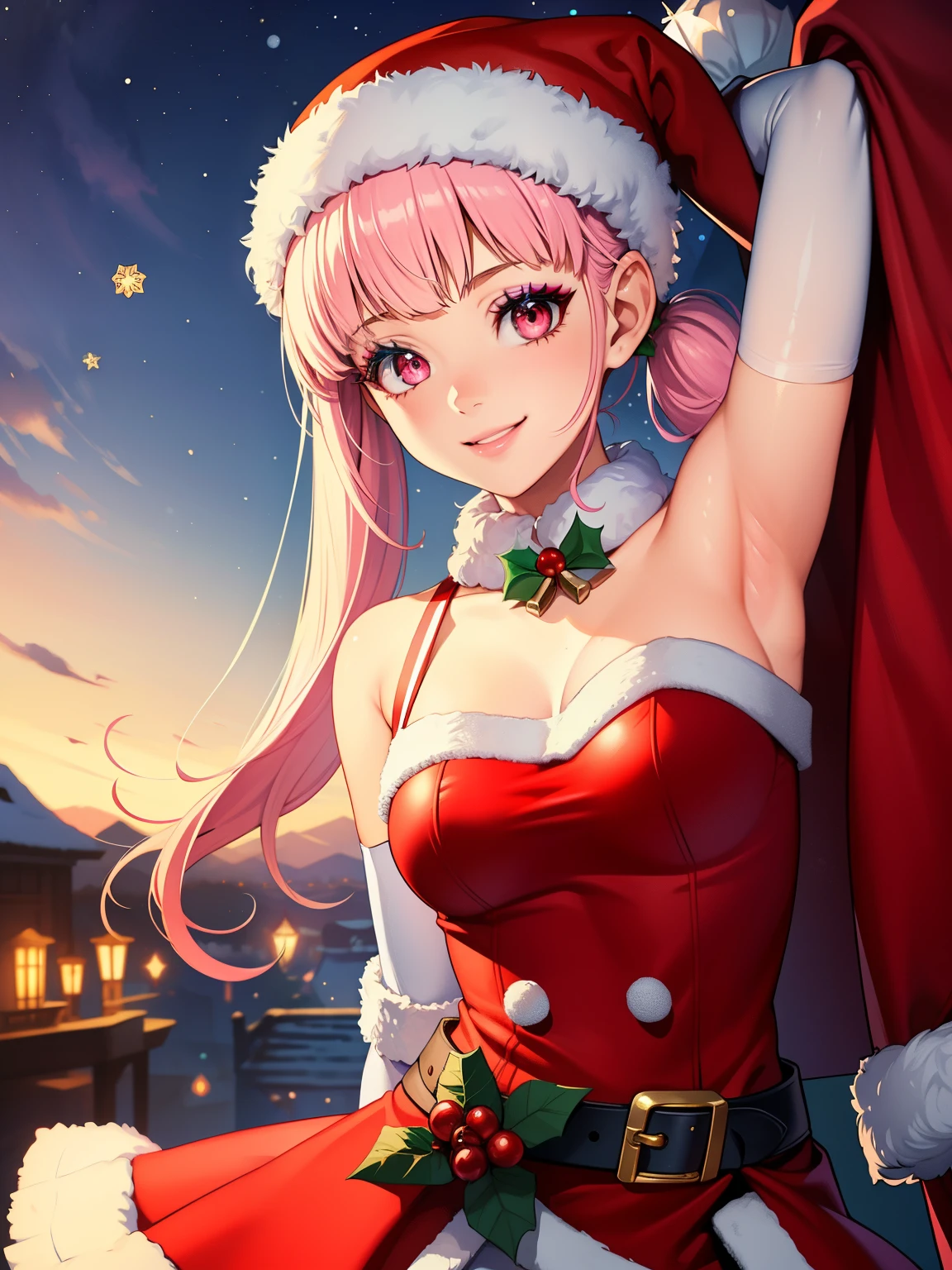 1girl, solo, masterpiece, best quality, high res, highly detailed, (illustration), beautiful detailed eyes, hilda valentine goneriltwintails, pink eyes ,glossy lips, makeup, smile, long white elbow gloves, cowboy shot, (santa), red santa dress, santa hat, strapless dress, white elbow gloves