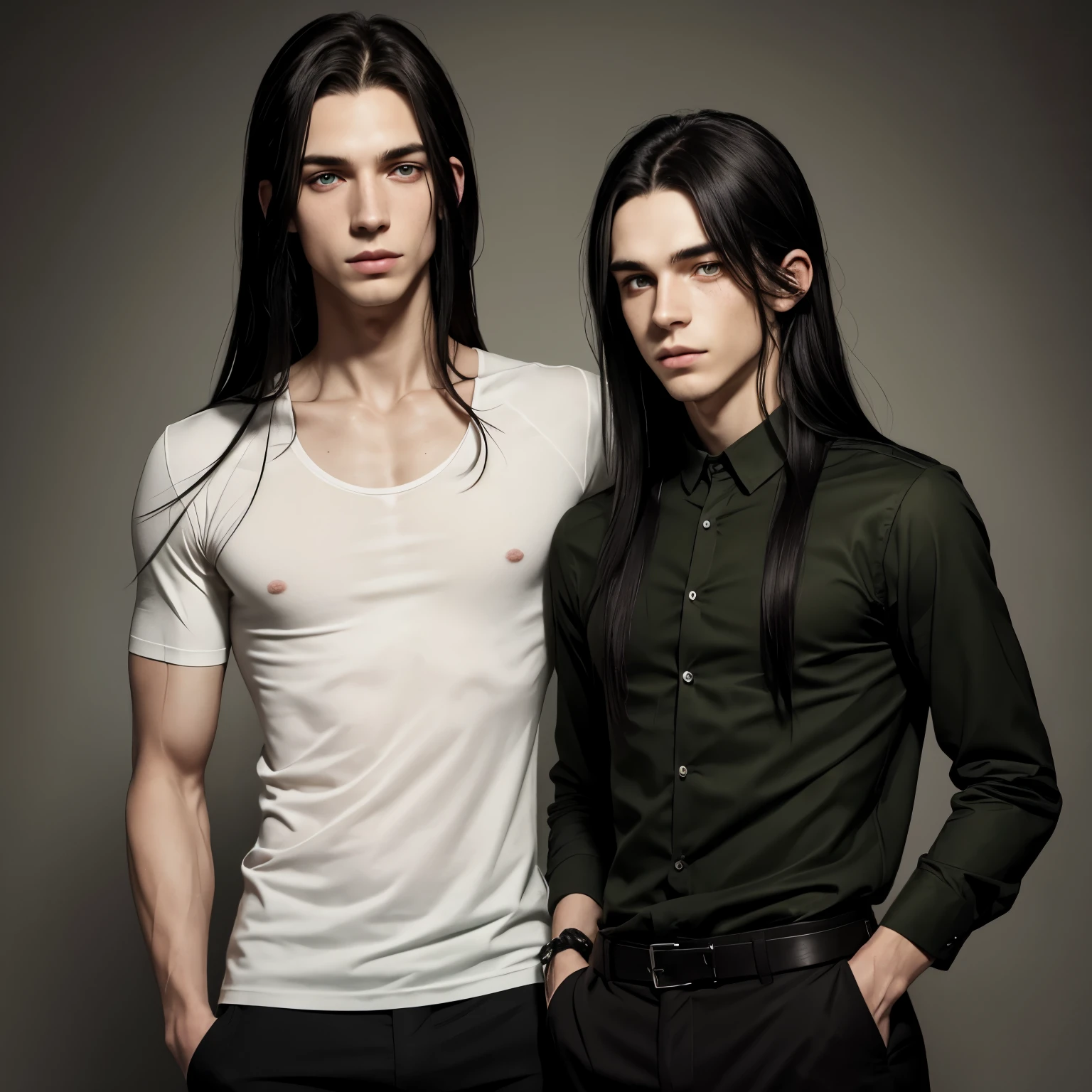 young man, skinny, pale, a lot of freckles, green eyes, dark clothes, long black hair