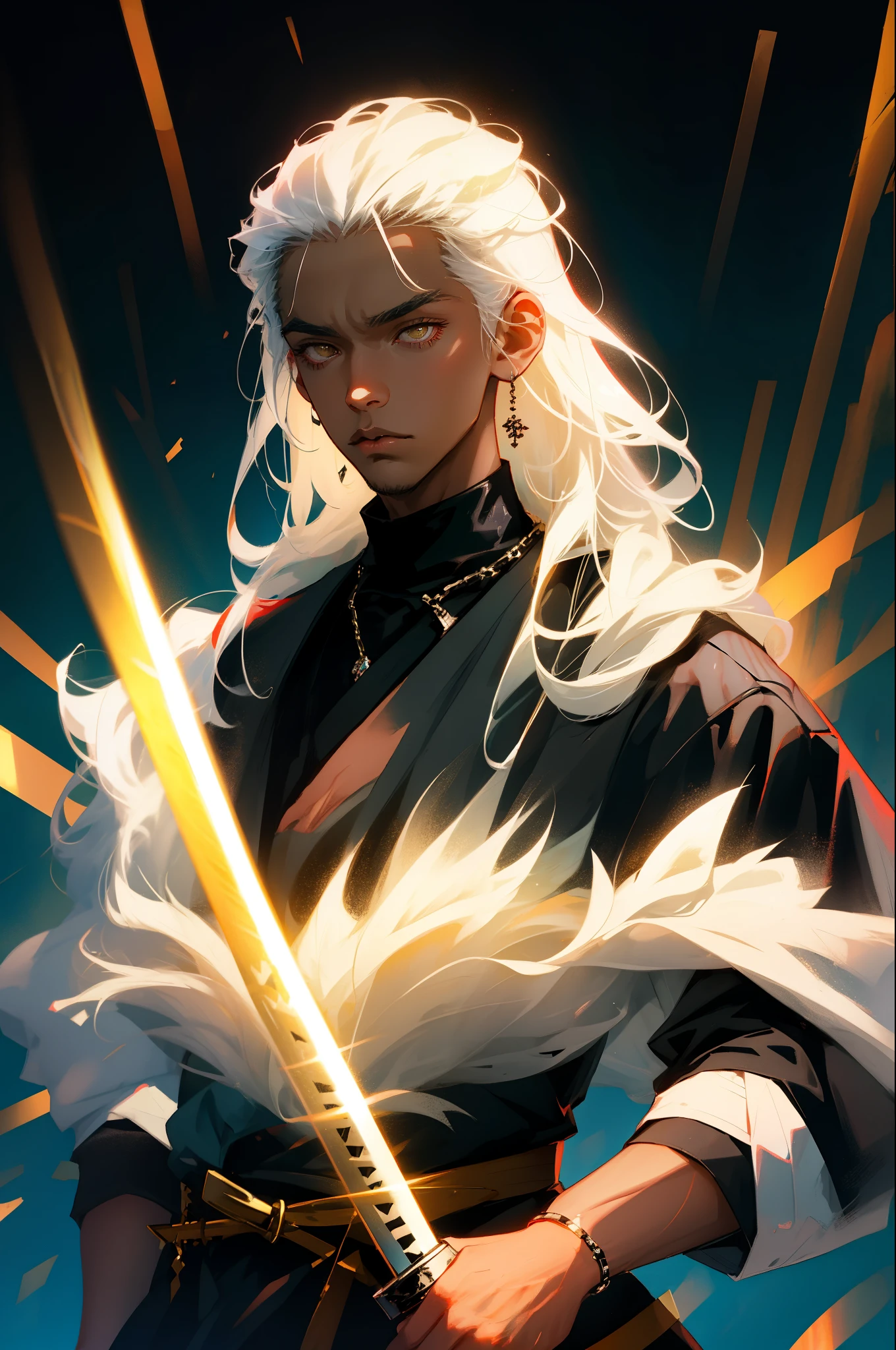 (best quality,ultra-detailed,photorealistic),Anime, boy in black clothes and black coat, holding a black katana. He has black hair and is engaged in a fierce fight. Another boy with white hair and yellow eyes is present, covered in bandages and wearing white clothes. The scene takes place in a dark warehouse, illuminated by soft light. It is nighttime.