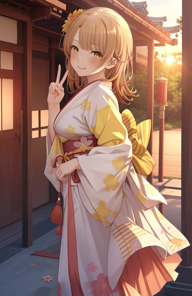 masutepiece, High quality, Best Quality, High resolution, 4K, High Definition, Beautiful lighting,Highly detailed face, well-drawn hands, well-drawn legs,well-drawn feet,well-drawn eyes,1girl in, iroha, Brown hair, The long-haired， hair tied back，flower hair ornament，yellow kimono，Furisode，long  skirt，Zouri，shrines，Sunrise， Smiling , red lines under eyes, Close both eyes, girl peace pose, girl peace sign, (((from the front side))) ,Medium breasts