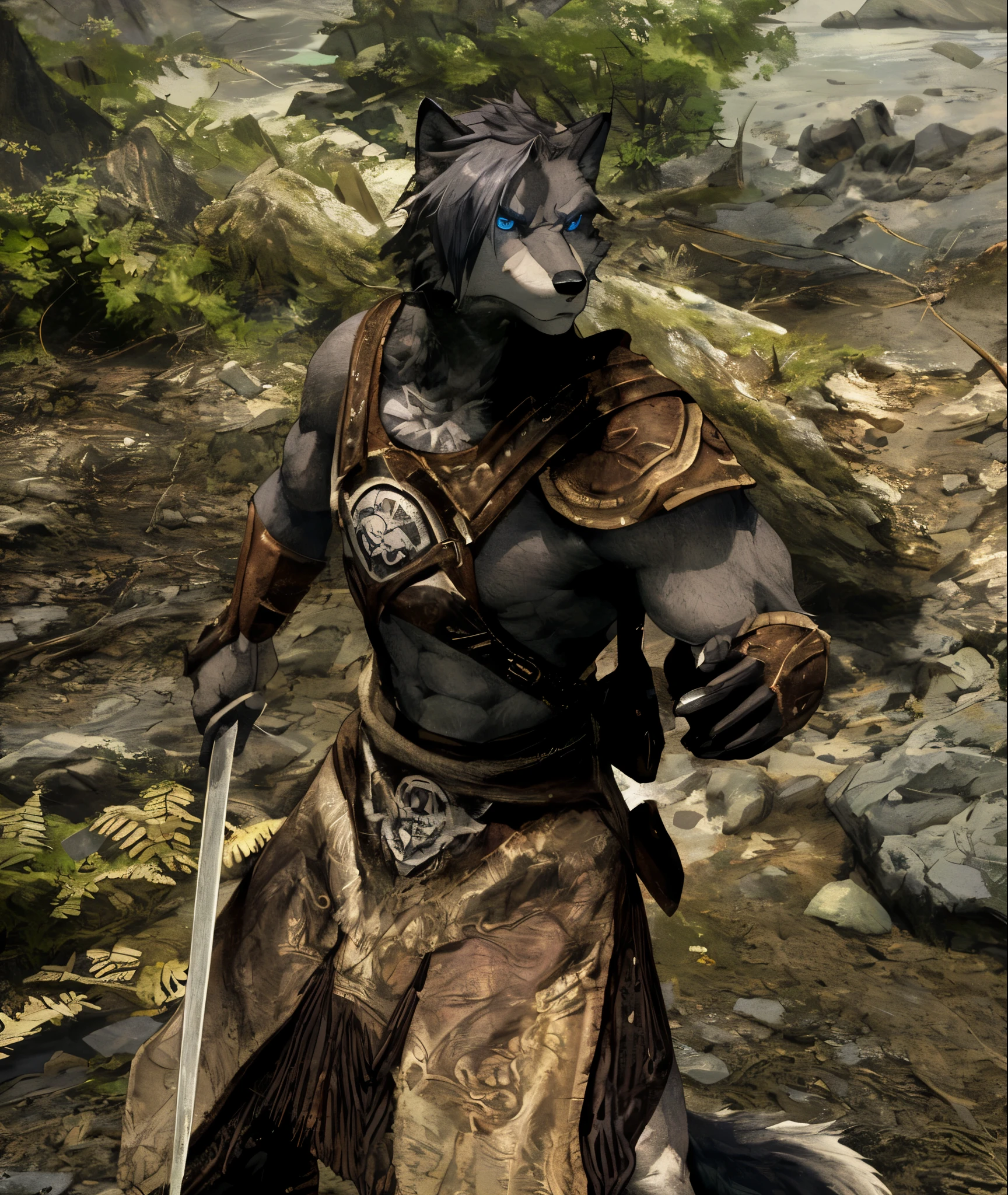 Masterpiece, solo, male, Wolf furry, grey fur, blue eyes, Short Gray Hair, handsome, good looking, muscular, fierce, cool pose