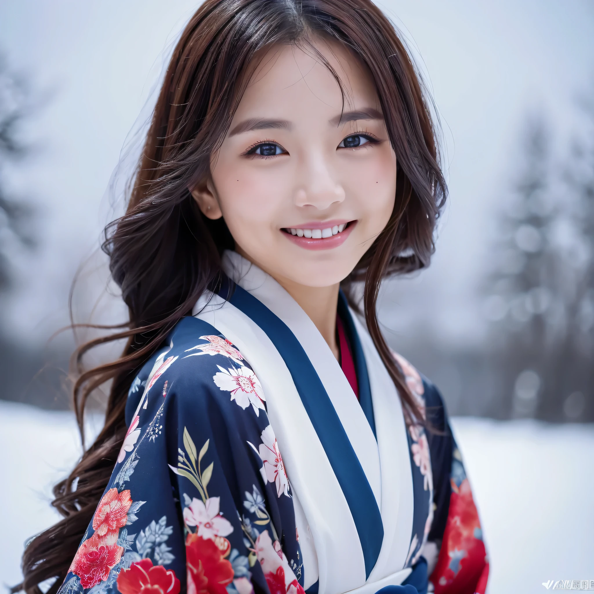 (Super beautiful woman in kimono)、((best qualtiy、8k masterpieces:1.3))、foco nítido:1.2、(ultra beautiful faces:1.0)、(shinny skin:1.0)、photos realistic、A dark-haired、Video Lighting、High-definition eyes and face、Video Lighting、Japanese actressl、from the front side、medium breasts、With a happy smile、Slender Abs Beauty、Whole body、wearing kimonos、In a snowy landscape in the middle of winter、highest grade obi