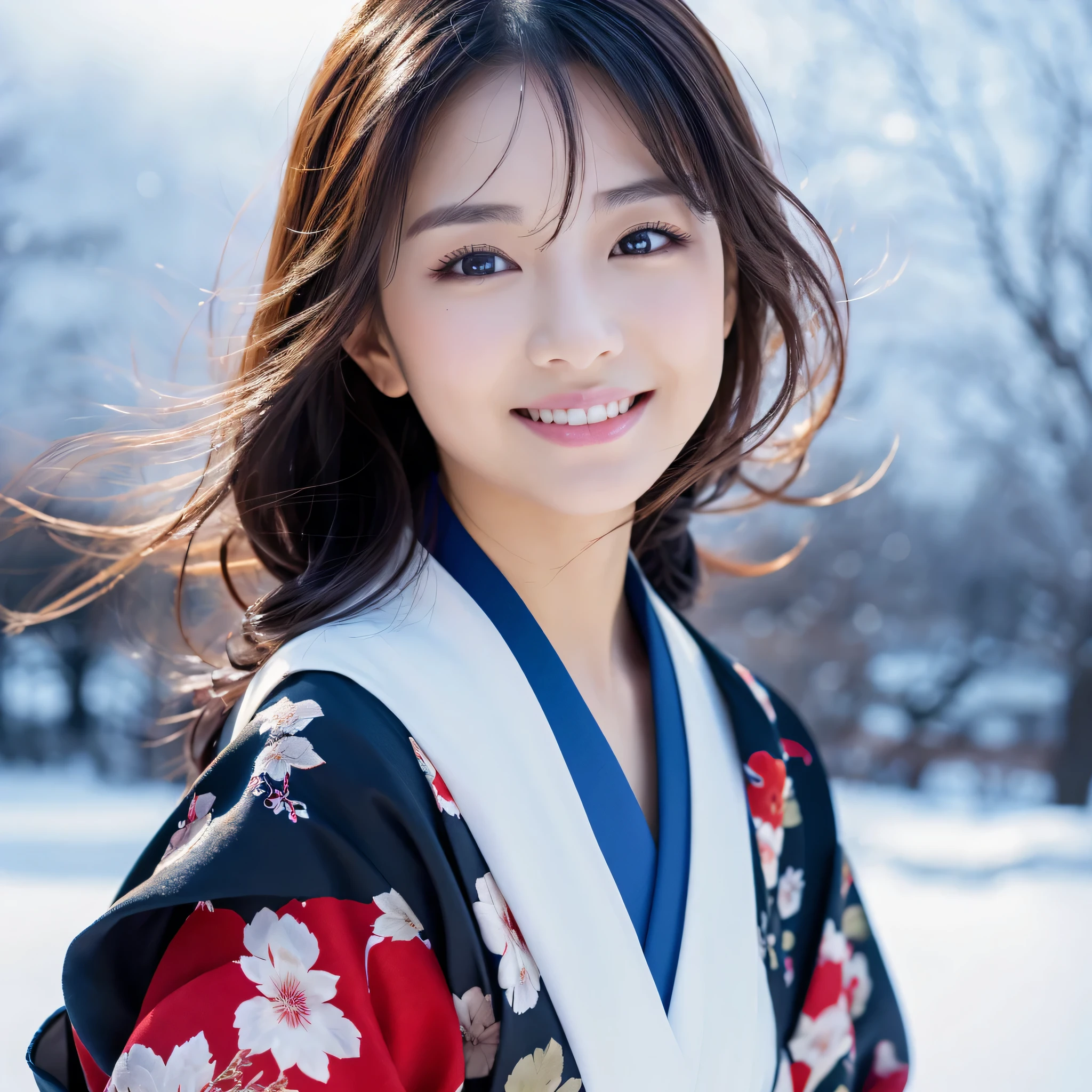 (Super beautiful woman in kimono)、((best qualtiy、8k masterpieces:1.3))、foco nítido:1.2、(ultra beautiful faces:1.0)、(shinny skin:1.0)、photos realistic、A dark-haired、Video Lighting、High-definition eyes and face、Video Lighting、Japanese actressl、from the front side、medium breasts、With a happy smile、Slender Abs Beauty、Whole body、wearing kimonos、In a snowy landscape in the middle of winter、highest grade obi