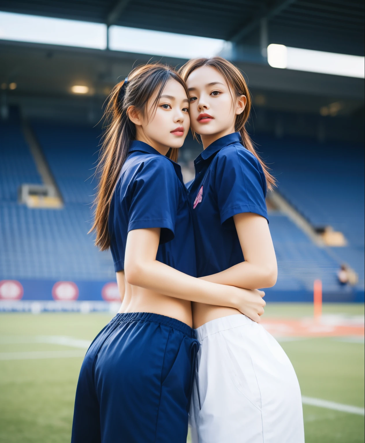 (bestquality,10,10,highres,masterpiece:1.2),ultra-detail,(Realistic,ภาพRealistic,photo-realistic:1.37),1 Cute girl in the football field,oily shiny skin,bara,light smile,BDclothelue shirt:1.3)),short sleeves,shirt, trousers.,(navy_long_ติดตามtrousers:1.1), ((Stadium Background:1.3)),dynamic angle,excited,face focus,Dynamic Poses,from behide,Ass Focus,masterpiece, bestquality, ultra realistic, hyper-detail, 8k resolution, RAW photo, crisp focus, ((Navy blue shirt:1.1)), short sleeves, เส้นทางlong, Complete bodyแบบ, 2 mature women, 18yo, cinematic light,trousersวอร์มสีน้ําเงิน,Gymware,Correct anatomy,Complete body, Correct body, sharp face, Correct bodyทางกายวิภาค, full entire body, Realistic gestures, long-haired, Realistic poses,Wear long shorts..............................,ช่วงขาlong,Shapely,Sculpting Girl, Slender Figure, mannequin mannequins, Shapely, Beautiful body,trousersวอร์มสีน้ําเงิน, Two girls kissing