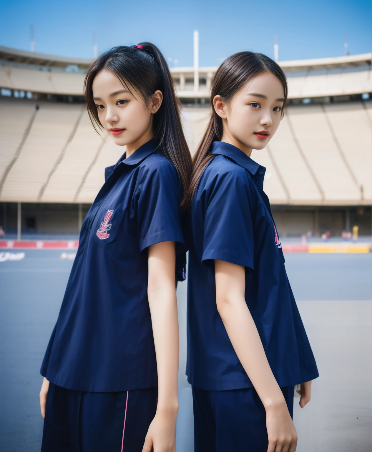 (bestquality,10,10,highres,masterpiece:1.2),ultra-detail,(Realistic,ภาพRealistic,photo-realistic:1.37),1 Cute girl in the football field,oily shiny skin,bara,light smile,BDclothelue shirt:1.3)),short sleeves,shirt, trousers.,(navy_long_ติดตามtrousers:1.1), ((Stadium Background:1.3)),dynamic angle,excited,face focus,Dynamic Poses,from behide,Ass Focus,masterpiece, bestquality, ultra realistic, hyper-detail, 8k resolution, RAW photo, crisp focus, ((Navy blue shirt:1.1)), short sleeves, เส้นทางlong, Complete bodyแบบ, 2 mature women, 18yo, cinematic light,trousersวอร์มสีน้ําเงิน,Gymware,Correct ???????,Complete body, Correct body, sharp face, Correct bodyทางกายวิภาค, full entire body, Realistic gestures, long-haired, Realistic poses,Wear long shorts...........................................,ช่วงขาlong,Shapely,Sculpting Girl, Slender Figure, mannequin mannequins, Shapely, Beautiful body,trousersวอร์มสีน้ําเงิน, Two girls kissing