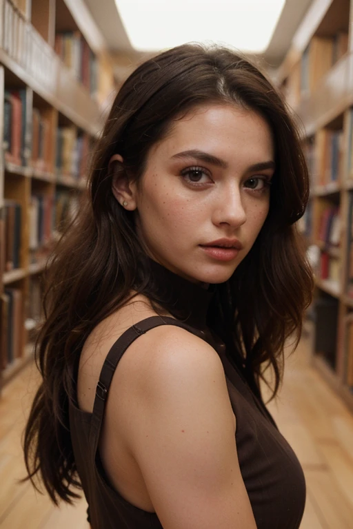 ((best quality)), ((masterpiece)), (detailed), perfect face realistic photo of beautiful woman with long dark brown hair, Russian, influencer, light freckles, dark brown eyes, big lips, no makeup, instagram, in a library, wearing thight brown dress