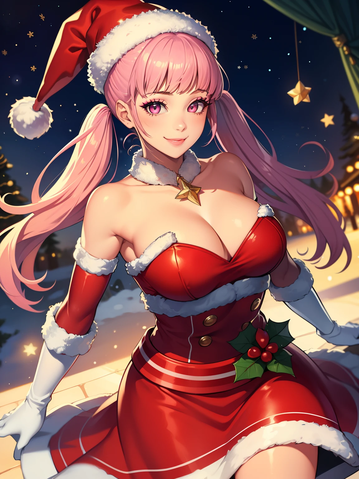 1girl, solo, masterpiece, best quality, high res, highly detailed, (illustration), beautiful detailed eyes, hilda valentine goneril,twintails, pink eyes ,glossy lips, makeup, smile, long white elbow gloves, cowboy shot, (santa), red santa dress, santa hat, strapless dress, white elbow gloves