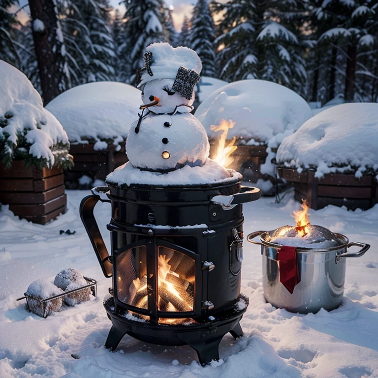Craft a hyper-realistic Christmas scene in a snowy wilderness camp at night. Showcase cast iron cookware by a lifelike campfire, illuminated naturally against the snowy backdrop and starry sky. Include a detailed snowman dressed for the holidays, seamlessly blending into the scene's authenticity. Ensure both the cookware and snowman appear convincingly real, captivating viewers with their lifelike presence in the wintry setting. --relax