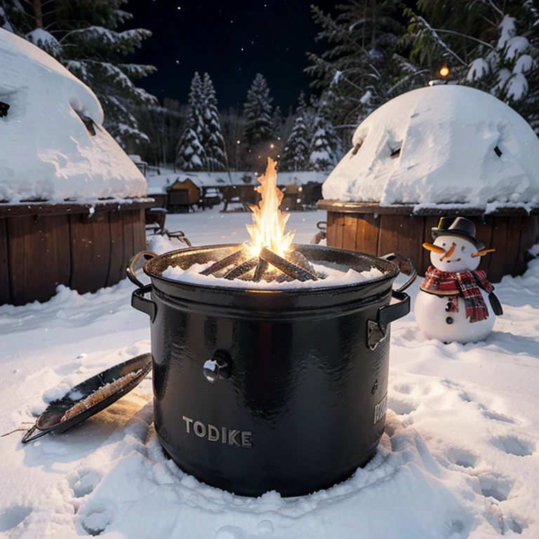 Craft a hyper-realistic Christmas scene in a snowy wilderness camp at night. Showcase cast iron cookware by a lifelike campfire, illuminated naturally against the snowy backdrop and starry sky. Include a detailed snowman dressed for the holidays, seamlessly blending into the scene's authenticity. Ensure both the cookware and snowman appear convincingly real, captivating viewers with their lifelike presence in the wintry setting. --relax