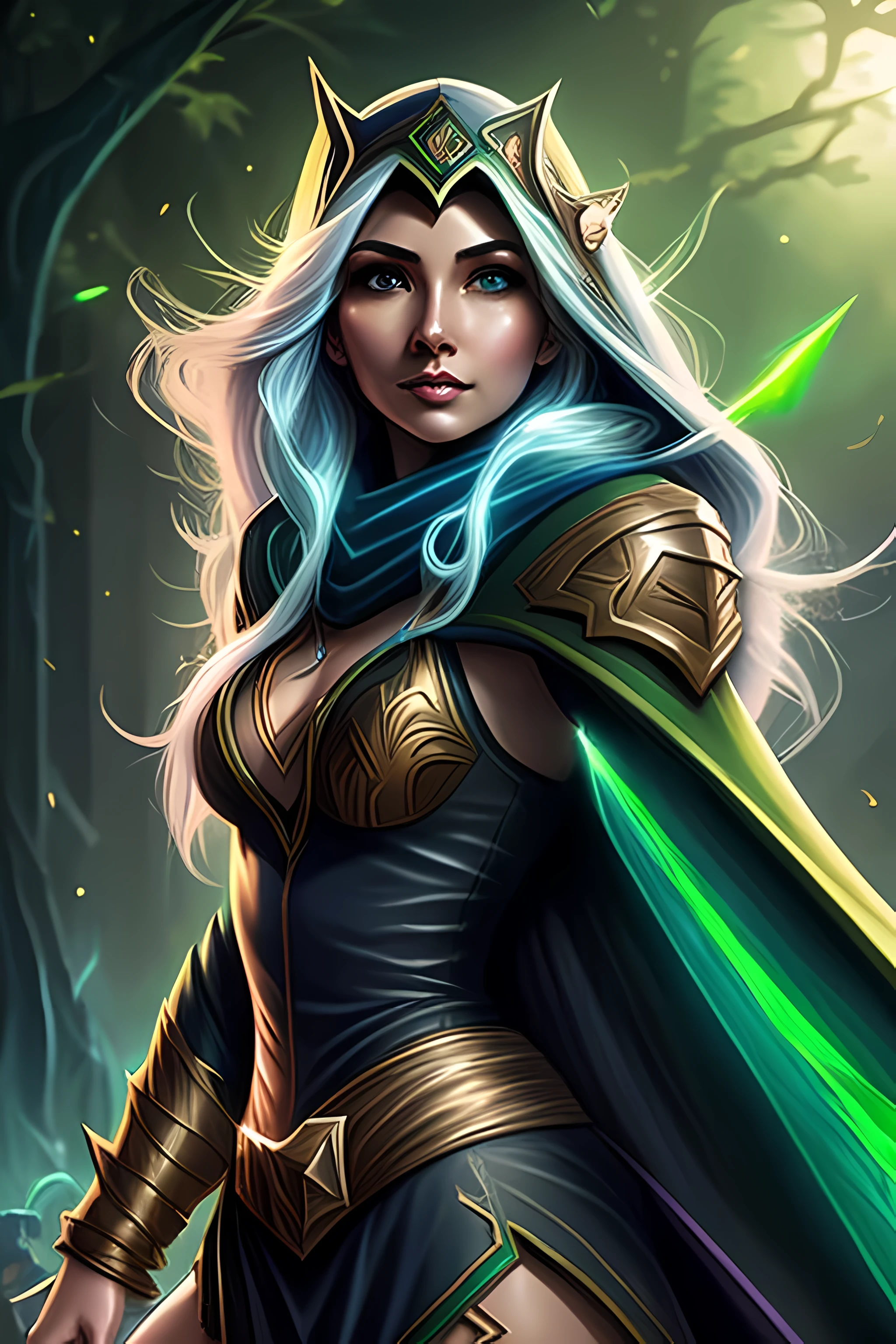 a close up of a female archer with a green cape, sorceress, ashe, splash art, seductive elf princess knight, qiyana, league of legends style art, league of legends character art, extremely detailed artgerm, League of Legends character Legends, official splash art, Artgerm Lau, Storm Queen, Crystal Maiden