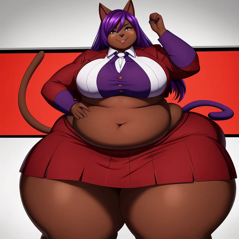 Anthro, furry, cat girl, purple hair, dark skin, dark skinned female, ((red business suit)), purple cat ears, ussbbw, insanely inflated hips, insanely inflated belly, ussbbw weight gain, obese, insanely inflated thighs, fat rolls, fat arms, fat legs, tall, long tail, midriff, mini skirt, navel, shiny skin