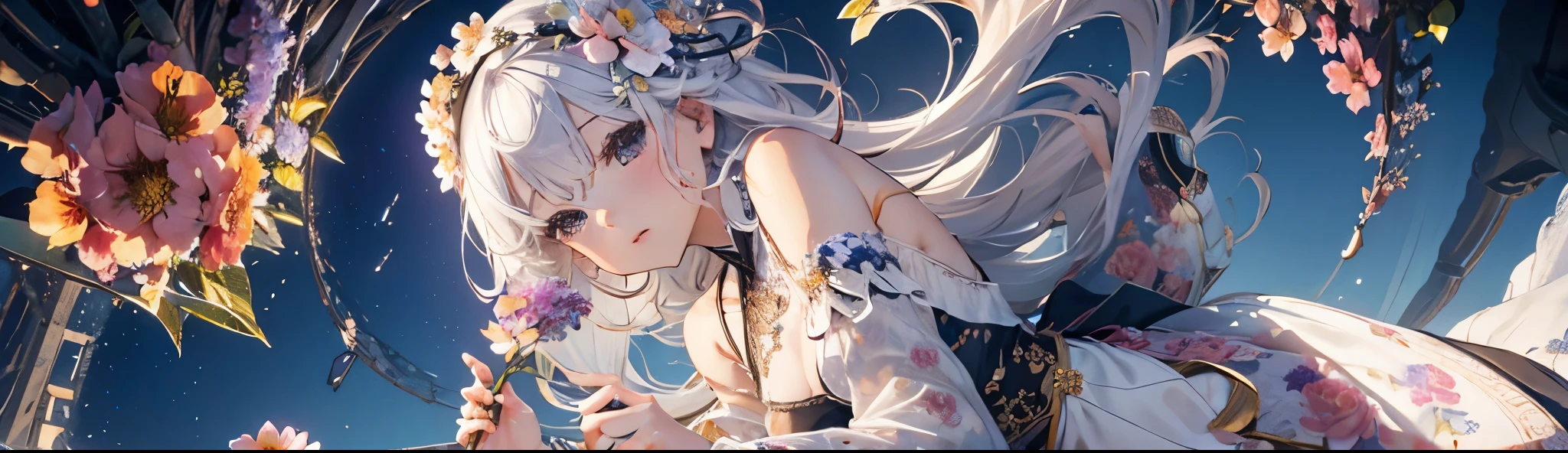 ((best qualityer)), ((work of art)), (detailded), (1 girl), (アニメ), white straight hair, light blue dress, (dancing on the air), (long veil over the shoulders), (long hair), (Loose in the air), (falling cherry leaves), (animation), gorgeous eyes