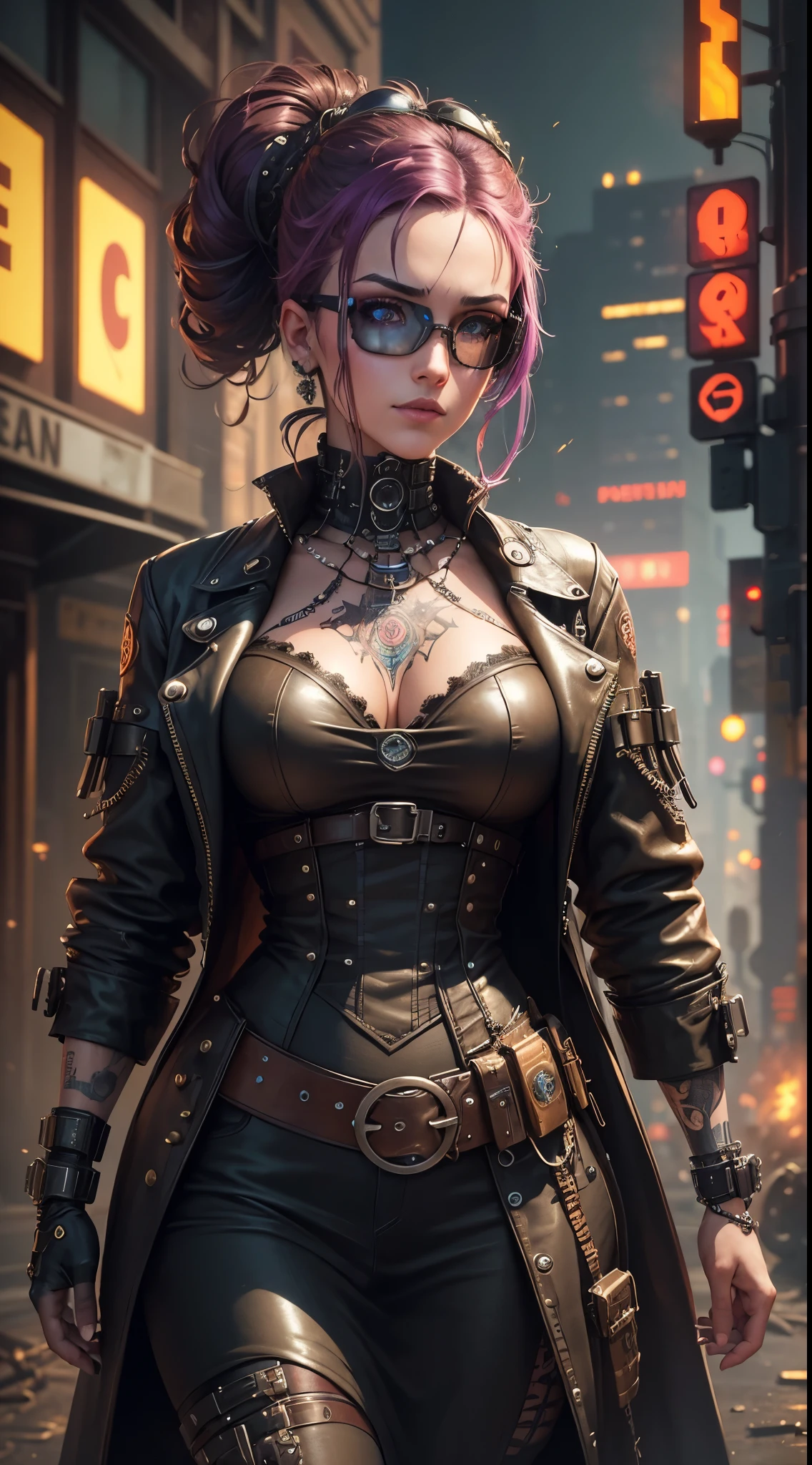 (detailed,cyberpunk:1.2,detailed,steampunk:1.1),4k,highres,ultra-detailed,realistic,portrait,sharp focus,professional,cyberpunk girl,steampunk girl,cyberpunk girl with steampunk elements,unique facial features,distinctive cyberpunk and steampunk outfits,vibrant colors,neon lights,mixed futuristic and antique aesthetics,mechanical accessories,modern technology integrated with Victorian-era fashion,intricate tattoos,high-tech goggles and wristbands,fire and smoke effects,urban dystopian background,gritty atmosphere,haunting eyes,alternative reality,cosmic digital effects,technological advancements,retro-futuristic cityscape,intricate metalwork,mechanical prosthetics,mysterious ambiance,creative fusion of cyberpunk and steampunk genres.