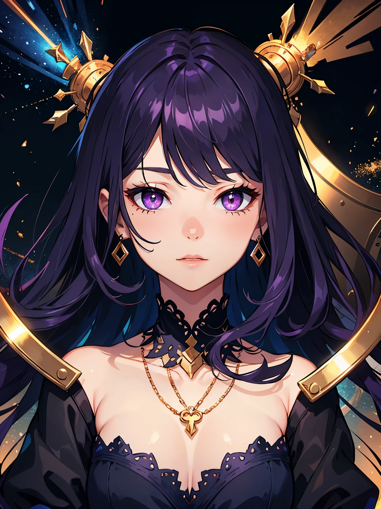 hight resolution, topquality, illustartion, overdetalization, (detaled face), (Detail Eyeeste-Qualit, hyper-detailing, tmasterpiece, Fine lines, 1 middle aged girl, 独奏, long purple hair, violet eyes, black velvet dress, a necklace, gloweyes, little chest, upper-body, Beautiful Night Park,