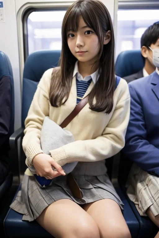 Japanese high school girl,sit on a crowded seat, on Japanese train