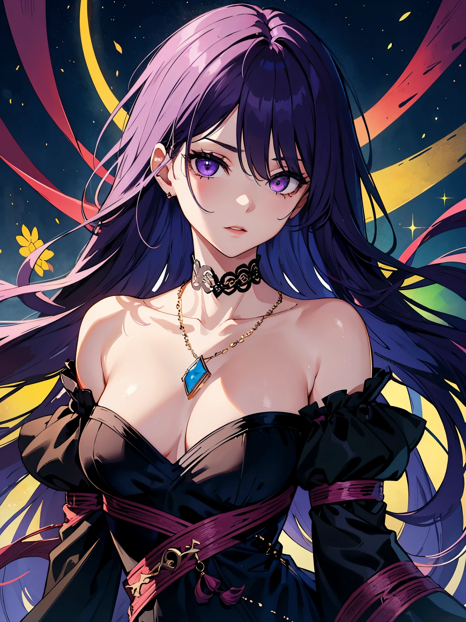 hight resolution, topquality, illustartion, overdetalization, (detaled face), (Detail Eyeeste-Qualit, hyper-detailing, tmasterpiece, Fine lines, 1 middle aged girl, 独奏, long purple hair, violet eyes, black velvet dress, a necklace, gloweyes, little chest, upper-body, Beautiful Night Park,