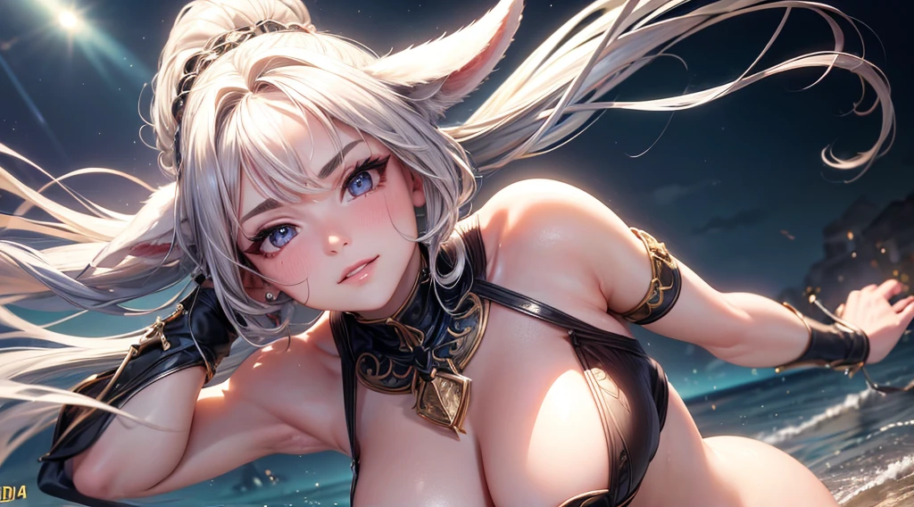 Cinematic footage, full medium closeup, a gorgeous 18-year-old kemonomimi woman soft pale skin, cute and youthful face, well-defined eyebrows, delicate nose, plump and round lips, ultra-detailed,
photo-realistic, depth of field, cinematic lighting, IMAX camera, HDR, DTM, Full HD, 8k, flared, medium breasts, slim, smile, standing, 8K picture quality, sexy seduction, realistic:1.37 long, flowing:1.1 luscious, plump:1.1
sparkling sequins:1.1 subtle, 0.9 soft, warm:1.1 best quality, 4k, 8k, highres, masterpiece:1.2, realistic, photorealistic, photo-realistic:1.37, ultra-detailed:1.1 busty animal ears, beautiful, detailed ears:1.1 best quality, 4k, highres,
masterpiece:1.2 detailed, piercing eyes:1.1 4k, 8k, highres, masterpiece:1.2 very three-dimensional: 1.2, (3D: 0.5, realistic: 0.5, photorealistic: 0.5), (Sharp focus: 1.5), (sharp focus:1.2), (beautiful face:1.1), (eye makeup:1.2), (tight body:1.2), ((Masterpiece)), (highest quality))), ( Masterpiece:1.2), (Best Quality:1.3), (8k, best quality, masterpiece:1.2 ((masterpiece, best)), (best illustration), (high detailed skin:1.2)