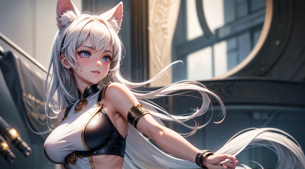 (Cinematic footage, full medium closeup, gorgeous 18-year-old kemonomimi woman soft pale skin, cute and youthful face, well-defined eyebrows, delicate nose, ultra-detailed: 1.1, photo-realistic: 1.4, depth of field, cinematic lighting, IMAX camera, HDR, DTM, Full HD, 8k, flared, medium breasts: 1.5, slim, smile, standing, 8K picture quality, sexy seduction, 4k, 8k, highres, best quality, plump and round lips: 1.4, realistic: 1.37 long, flowing: 1.1 luscious, plump: 1.1 sparkling sequins: 1.1 subtle, 0.9 soft, warm: 1.1 masterpiece: 1.2, realistic: 1.4, photo-realistic: 1.37, ultra-detailed: 1.1 busty animal ears, beautiful, detailed ears: 1.1 best quality, 4k, highres, masterpiece: 1.2 detailed, piercing eyes: 1.1 masterpiece: 1.2 very three-dimensional: 1.2, Unreal Engine 5, octane render), (beautiful ultra-detailed face, eyes, highly detail skin texture, high detailed skin, ultra-detailed body, bright and glowing skin: 1.1)
(Physical Rendering, Professional Lighting, Photon Mapping, Radiosity, Soft Light, Lens Reflection: 1.3)
(best shadow)
(3D: 0.5, realistic: 0.5, photo-realistic: 1.4)
(Sharp focus: 1.5)
(beautiful face, perfect face: 1.1)
(eye makeup: 1.2)
(tight body, fitness body: 1.2)
(highest quality)
(8k, best quality, masterpiece: 1.3)
((masterpiece, best))
(best illustration)
(high detail: 1.1)
(detailed fantasy realm background: 1.3)