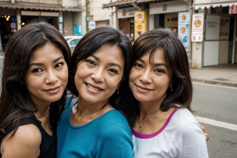 three 50 year old women, Asian origin, se divertindo em um passeio no fim de tarde