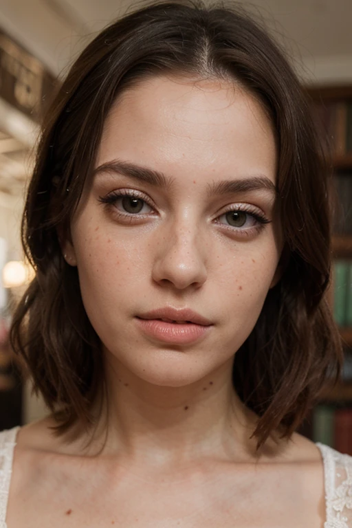 ((best quality)), ((masterpiece)), (detailed), perfect face realistic photo of beautiful woman with long dark brown hair, Russian, influencer, light freckles, dark brown eyes, big lips, no makeup, instagram, in a library, wearing thight lace dress
