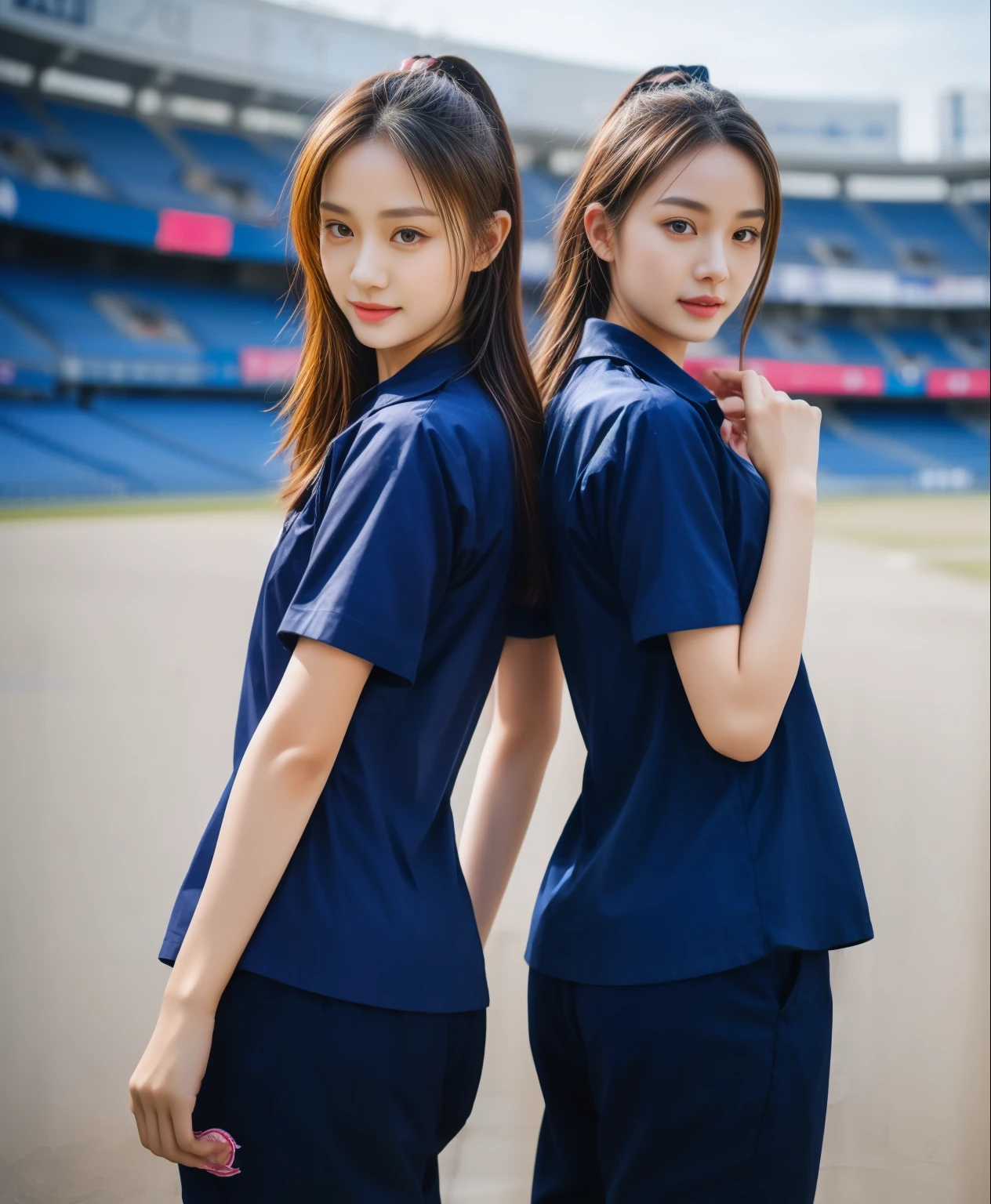 (bestquality,10,10,highres,masterpiece:1.2),ultra-detail,(Realistic,ภาพRealistic,photo-realistic:1.37),1 Cute girl in the football field,oily shiny skin,bara,light smile,BDclothelue shirt:1.3)),short sleeves,shirt, trousers.,(navy_long_ติดตามtrousers:1.1), ((Stadium Background:1.3)),dynamic angle,excited,face focus,Dynamic Poses,from behide,Ass Focus,masterpiece, bestquality, ultra realistic, hyper-detail, 8k resolution, RAW photo, crisp focus, ((Navy blue shirt:1.1)), short sleeves, เส้นทางlong, Complete bodyแบบ, 2 mature women, 18yo, cinematic light,trousersวอร์มสีน้ําเงิน,Gymware,Correct anatomy,Complete body, Correct body, sharp face, Correct bodyทางกายวิภาค, full entire body, Realistic gestures, long-haired, Realistic poses,Wear long shorts.......................................,ช่วงขาlong,Shapely,Sculpting Girl, Slender Figure, mannequin mannequins, Shapely, Beautiful body,trousersวอร์มสีน้ําเงิน, Two girls kissing