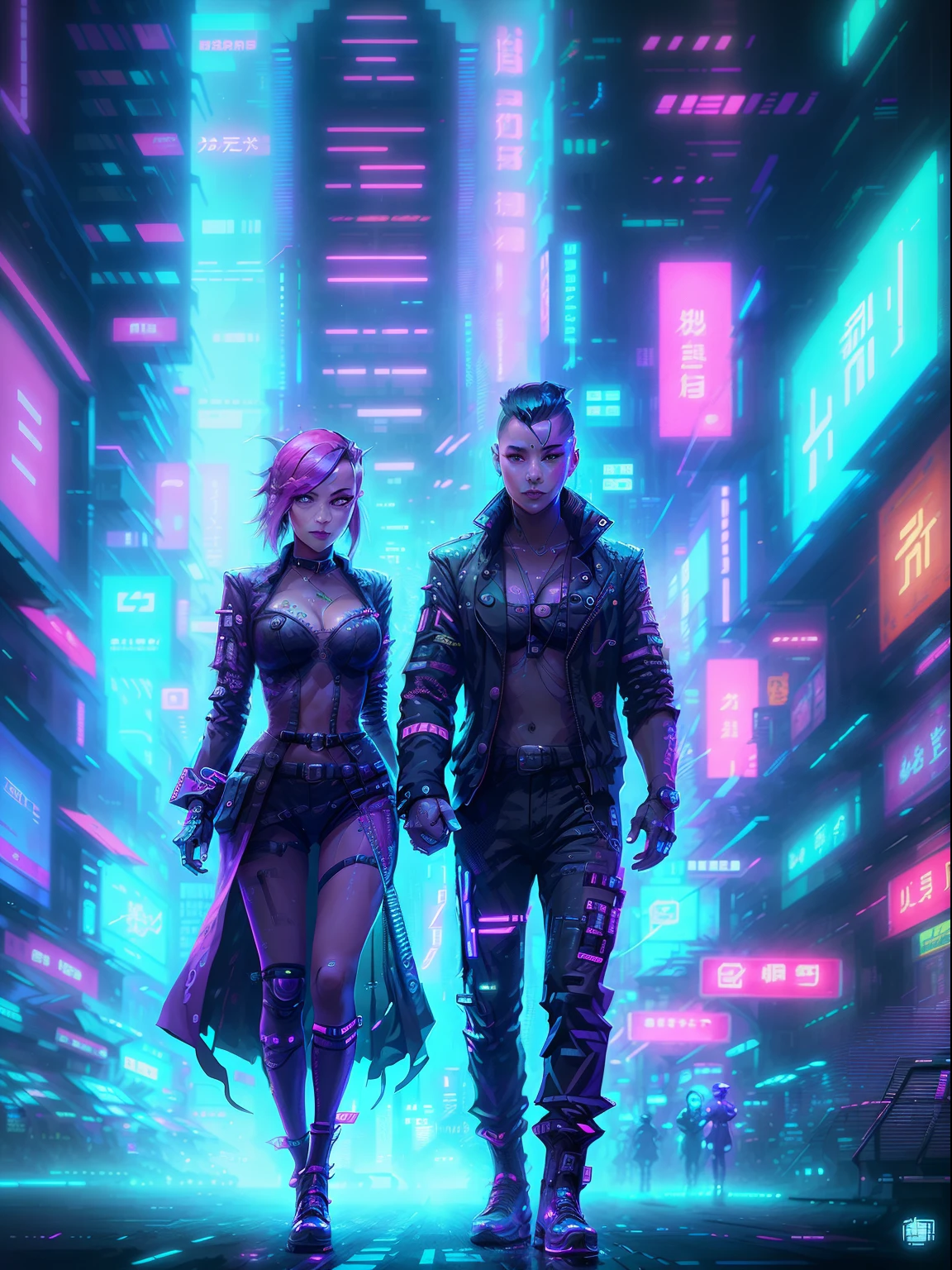 A couple of people standing in a street next to a building, Style artistique cyberpunk, Anime Cyberpunk Art, Anime cyberpunk moderne, stylized urban fantasy artwork, cyberpunk anime art, cyberpunk themed art, Digital Cyberpunk Anime Art, CYBERPUNK ROCOCO, dans le style cyberpunk, Style artistique cyberpunk, Anime Cyberpunk, digital cyberpunk - anime art, cyberpunk art nouveau