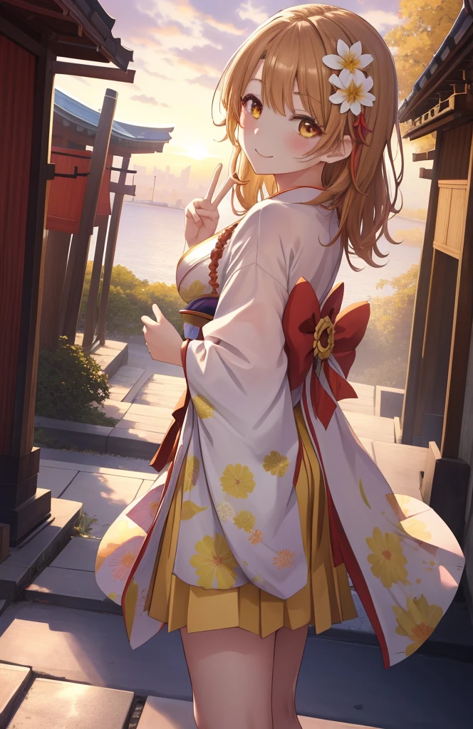 masutepiece, High quality, Best Quality, High resolution, 4K, High Definition, Beautiful lighting,Highly detailed face, well-drawn hands, well-drawn legs,well-drawn feet,well-drawn eyes,1girl in, iroha, Brown hair, The long-haired, hair tied back,flower hair ornament,yellow kimono,Furisode,long skirt,Zouri,shrines,Sunrise, Smiling , red lines under eyes, Close both eyes, girl peace pose, girl peace sign, (((from the front side))) ,Medium breasts