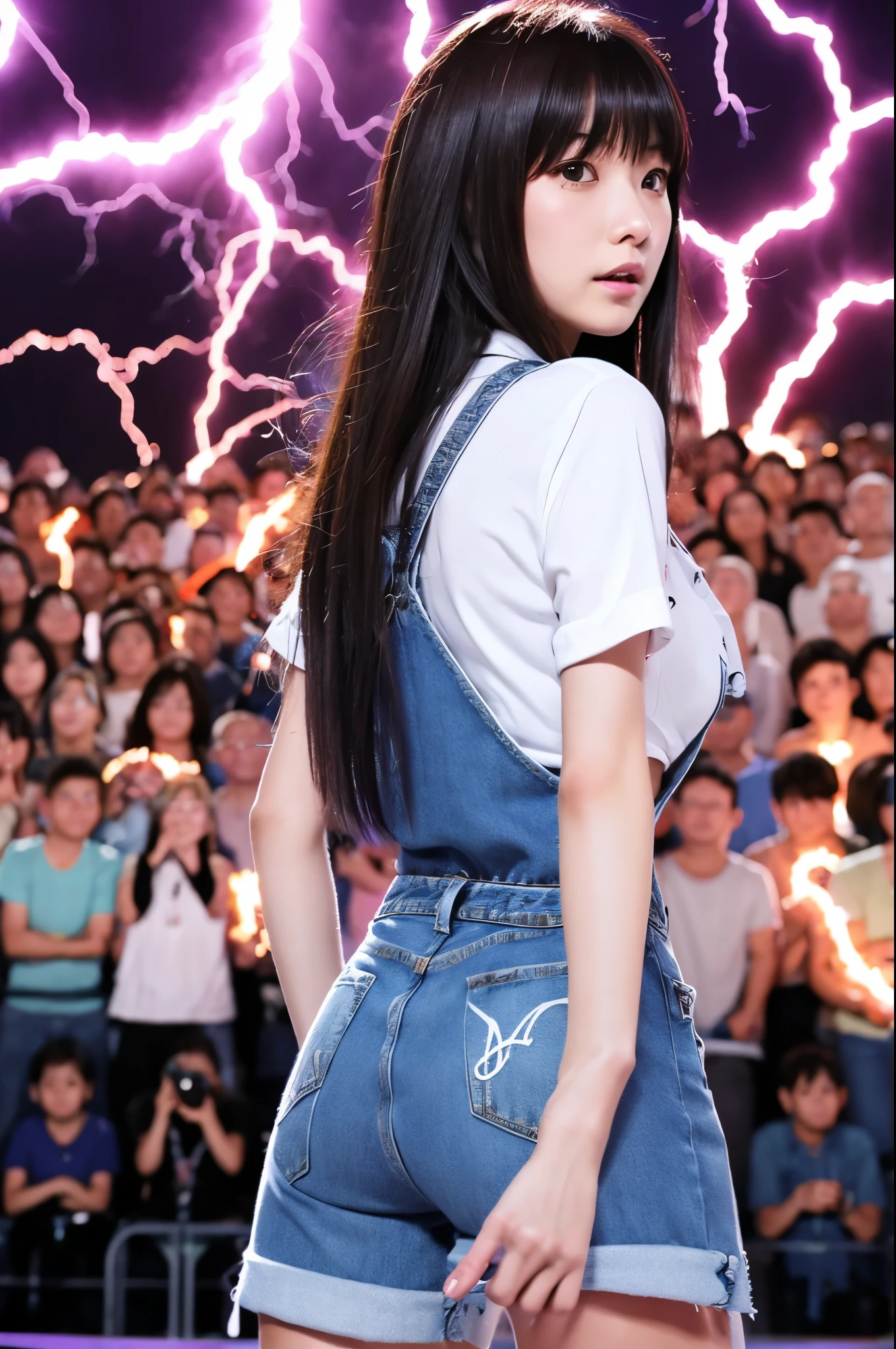 Sankokugu Fortress|GenshinImpact, tmasterpiece, best qualtiy, 1个Giant Breast Girl,25-years old, Denim Short, Too big, ,Only, croptop, Denim Short, Collar, (doodle:1.5), Splash with purple lightning pattern., Keep your arms behind your back, against a wall, Looking directly at the audience., thighband, tilt of the head, Boring, Aqua Eye,