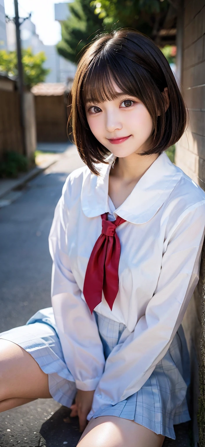 Spread legs, Shoot from below, Looking at the camera, half sitting posture, Japanese student uniform, A slender, Kissing face, idolface, Neat face, Blur the background, bob cuts, Colossal tits, 14years,  Lori, A smile, ​masterpiece, top-quality, Raw photo, Photorealsitic, beautiful a girl, cute little, shorth hair, depth of fields, hight resolution, ultra-detailliert, finely detail, ighly detailed, ighly detailedな目と顔, Sharp pupils, Cinematic lighting