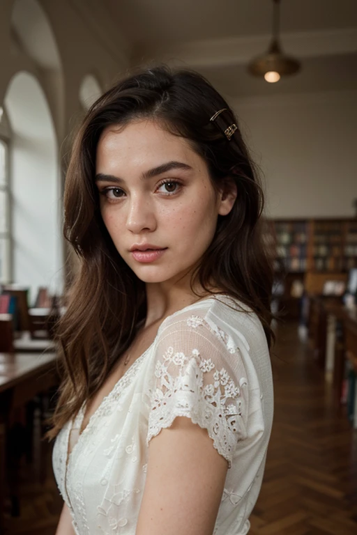 ((best quality)), ((masterpiece)), (detailed), perfect face realistic photo of beautiful woman with long dark brown hair, Russian, influencer, light freckles, dark brown eyes, big lips, no makeup, instagram, in a library, wearing thight lace dress
