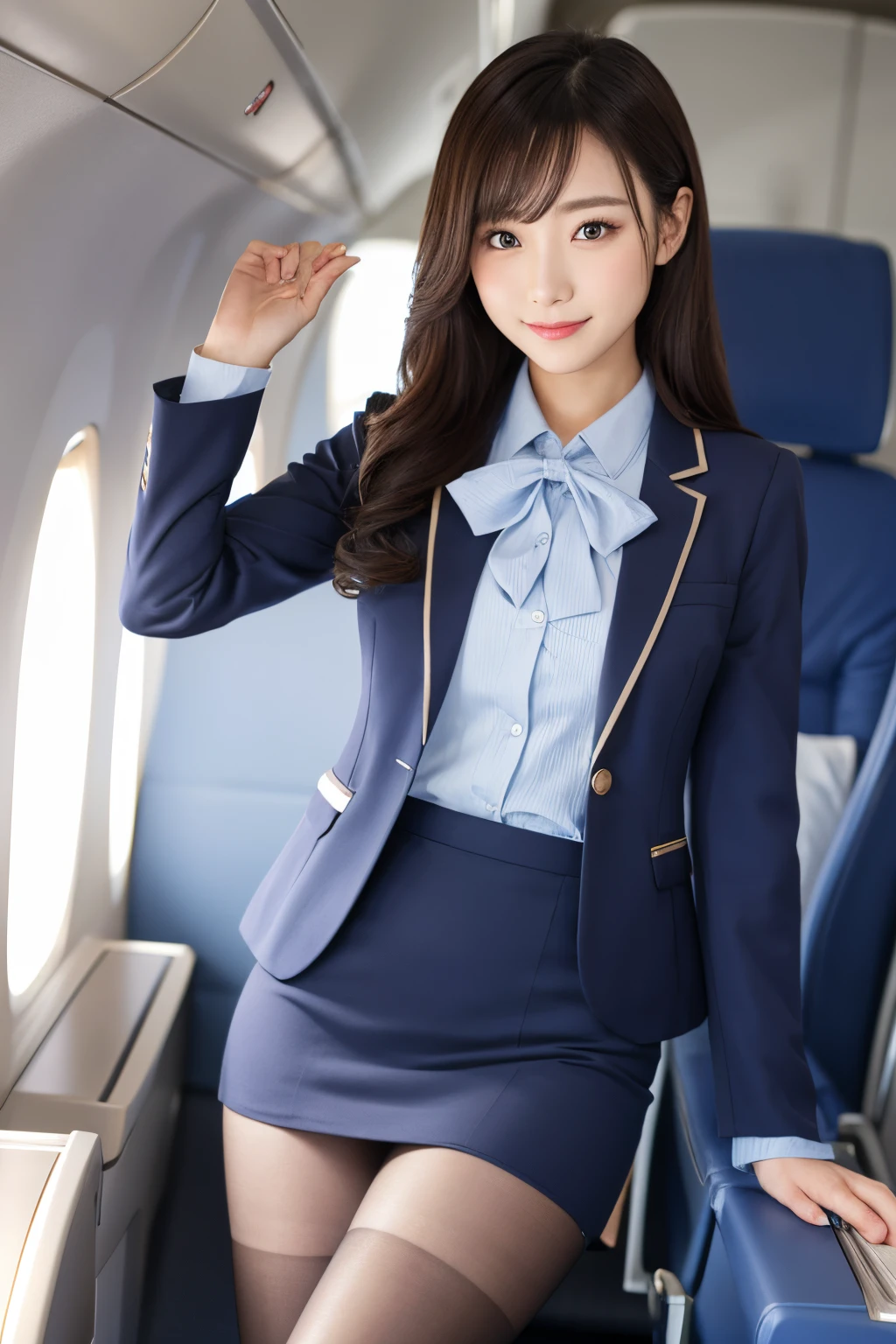 masutepiece, Best Quality, 8K、(Golden Ratio Face、Balanced eyes、very gentle eyelids)、二重まぶた、Beautiful nasal muscles、Shy laughter、lipgloss 、Very beautiful girl、Beautiful girl solo like a model、View photographer,woman wearing gray jacket and skirt,((costume with blue accents)),flight attendant suit,Stewardess uniform,Stewardess uniform(Look at viewers,Inside the plane:1.2)、(Black pantyhose)