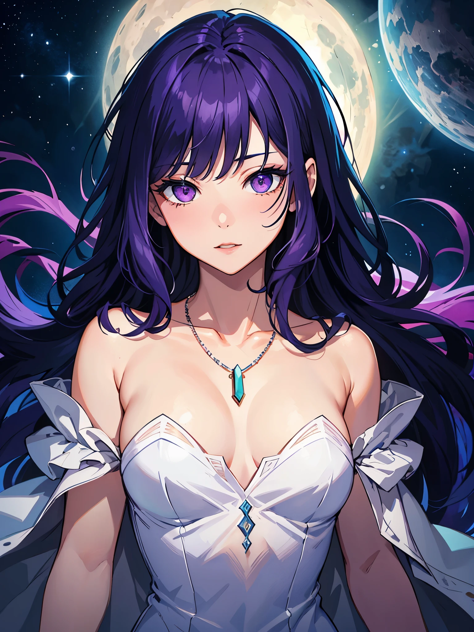 hight resolution, topquality, illustartion, overdetalization, (detaled face), (Detail Eyeeste-Qualit, hyper-detailing, tmasterpiece, Fine lines, 1 middle aged girl, 独奏, long purple hair, violet eyes, white velvet dress, a necklace, gloweyes, little chest, upper-body, Beautiful Night Park,