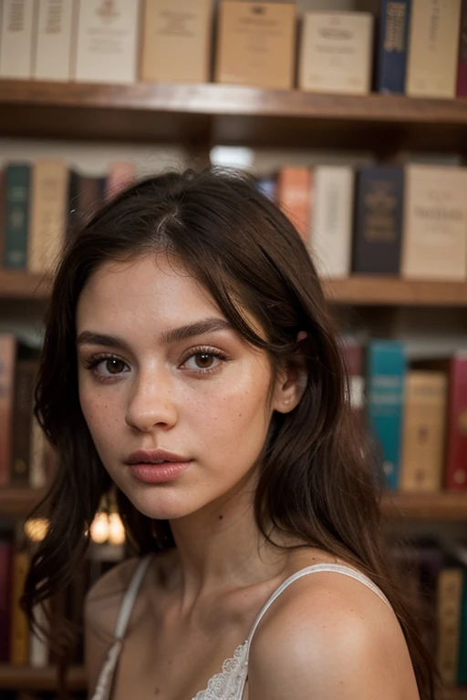 ((best quality)), ((masterpiece)), (detailed), perfect face realistic photo of beautiful woman with long dark brown hair, Russian, influencer, light freckles, dark brown eyes, big lips, no makeup, instagram, in a library, wearing thight brown dress
