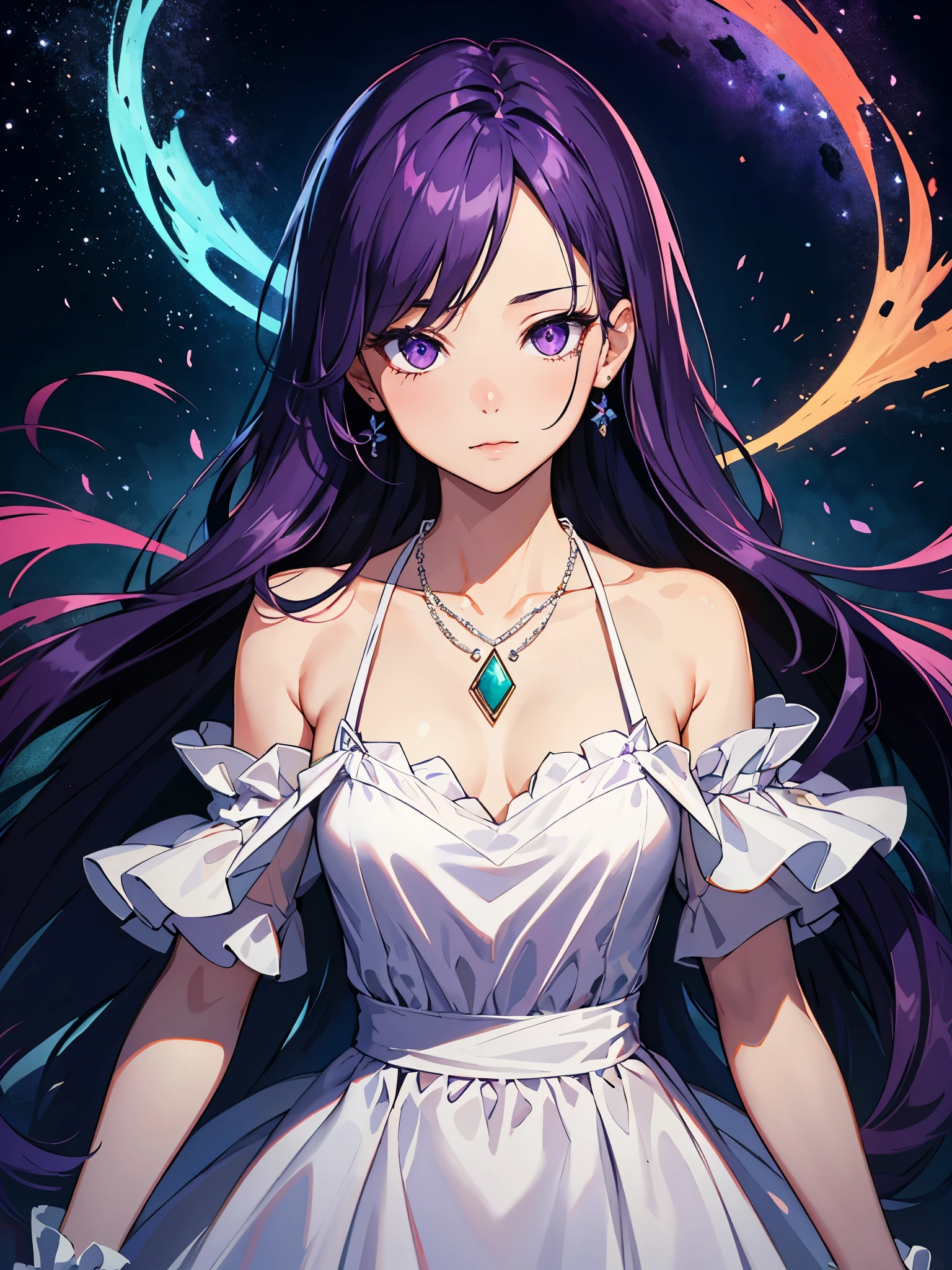 hight resolution, topquality, illustartion, overdetalization, (detaled face), (Detail Eyeeste-Qualit, hyper-detailing, tmasterpiece, Fine lines, 1 middle aged girl, 独奏, long purple hair, violet eyes, white velvet dress, a necklace, gloweyes, little chest, upper-body, Beautiful Night Park,