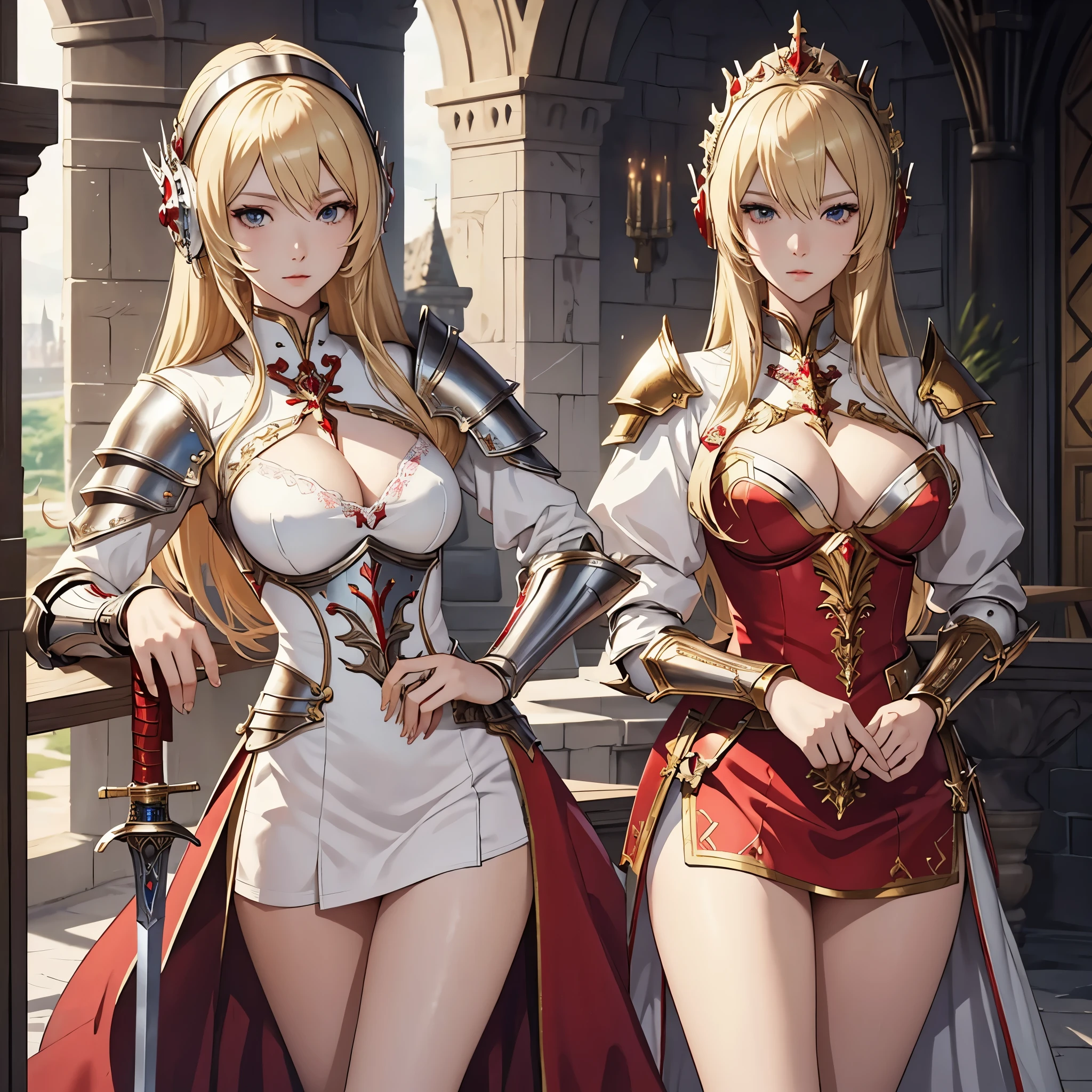 Masterpiece, best quality, White headphone, blonde, Korean woman, tall, slender, long beautiful legs, Female Knight, red gauntlet, red greave,  Sword, beautiful face, detailed face, detailed fingers, anime pastel, cleavage, Castle