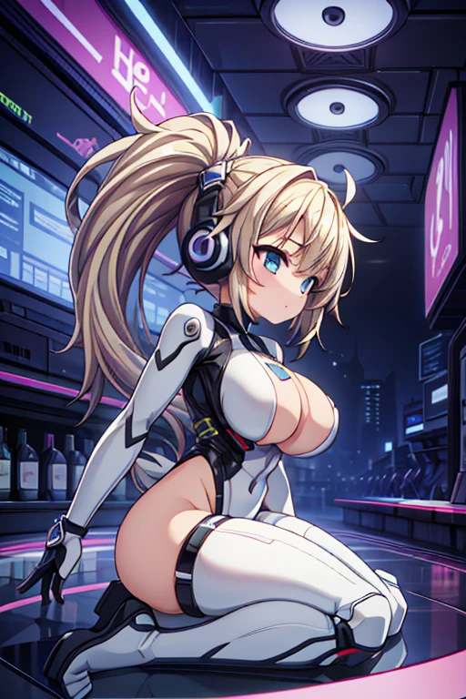 4K,hight resolution,One Woman,White blonde hair,poneyTail,head phone,Colossal tits,ninjartist,White Cybersuit,Knives,underground city