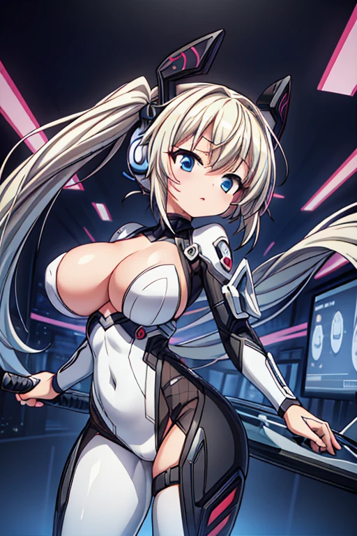 4K,hight resolution,One Woman,White blonde hair,poneyTail,head phone,Colossal tits,ninjartist,White Cybersuit,Knives,underground city