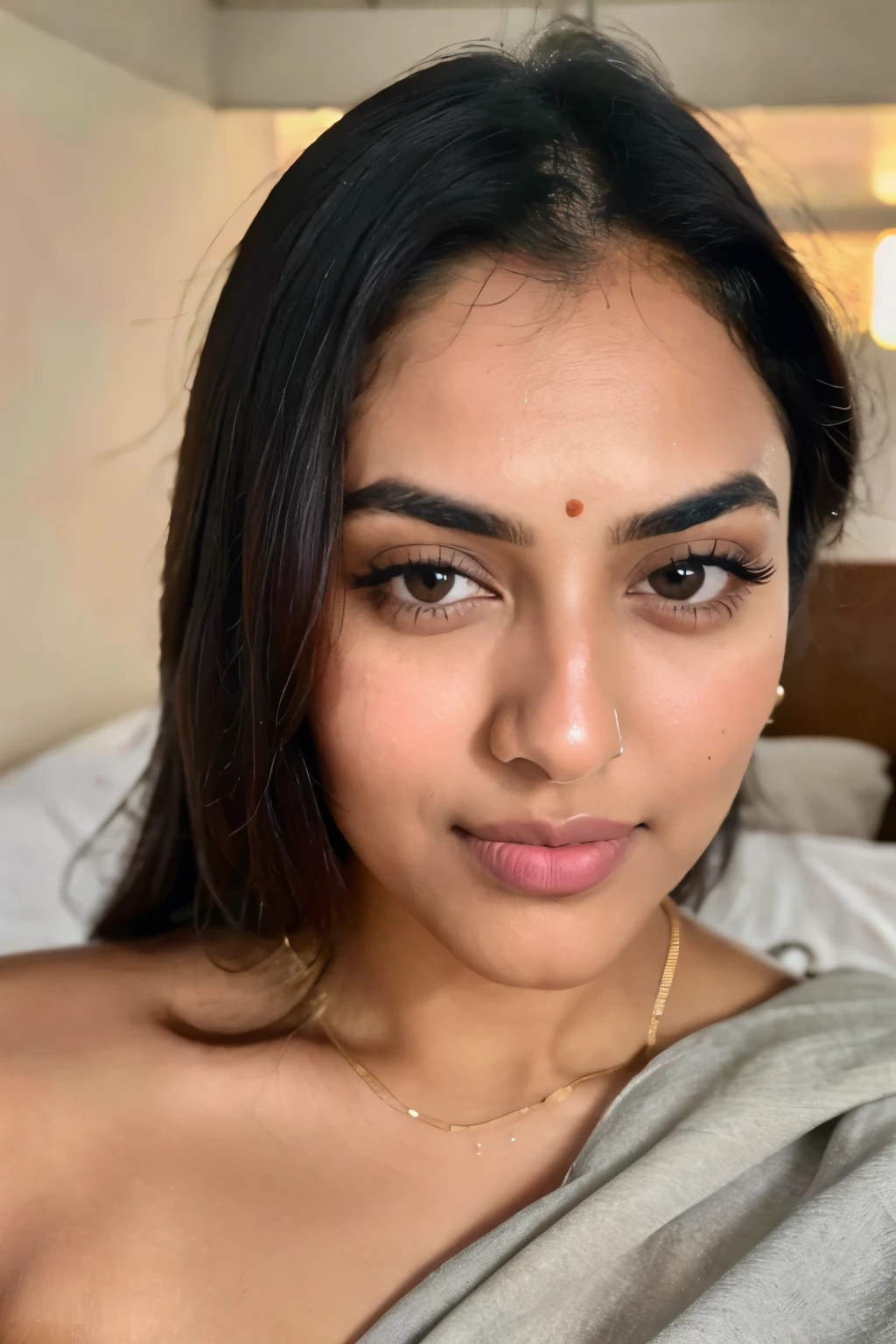 Indian woman, beautiful girl, looking directly at camera, natural makeup, face like kiara advani but not exact, best quality, ((masterpiece)), (detailed) big eyes, Face with Artgram, chubby