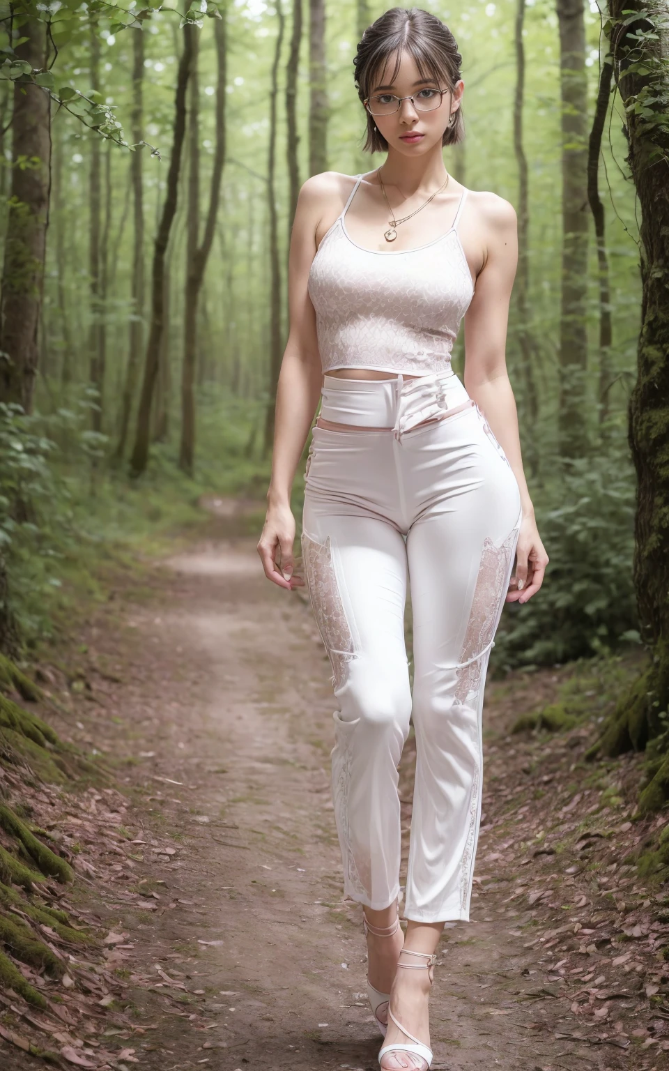 (8K, Masterpiece, RAW photo, Best quality, detail:1.3), (ultra realistic Natural background, scenary:1.5), Depth of field, Cinematic light, (ultra realistic face), (1 picture of 1 solo girl Airim Jones:1.6), 1girl, (Beautiful and elegant Russian girl), (skinny girl with glasses), (European face:1.3), (perfect complete full body:1.5), (small necklace, collarbone:1.1), ( [bangs|pigtails|bob|pixie] hair:1.5), (ultra detailed skin:1.4), (???? [white|pink] outfit:1.6), (Tapered Pants:1.5), (perfect standing pose:1.5), (perfect long legs:1.4)