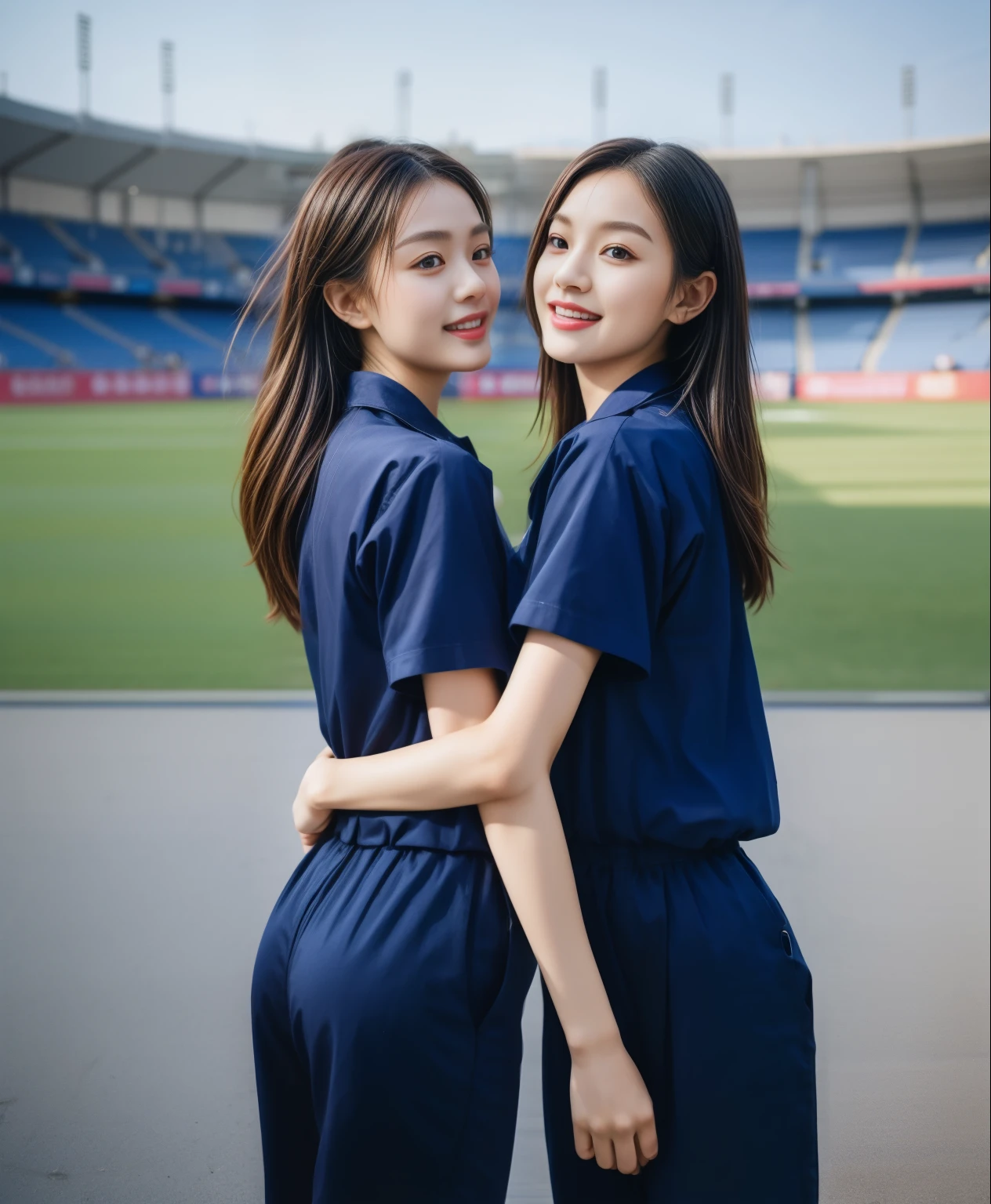 (bestquality,10,10,highres,masterpiece:1.2),ultra-detail,(Realistic,ภาพRealistic,photo-realistic:1.37),1 Cute girl in the football field,oily shiny skin,bara,light smile,BDclothelue shirt:1.3)),short sleeves,shirt, trousers.,(navy_long_ติดตามtrousers:1.1), ((Stadium Background:1.3)),dynamic angle,excited,face focus,Dynamic Poses,from behide,Ass Focus,masterpiece, bestquality, ultra realistic, hyper-detail, 8k resolution, RAW photo, crisp focus, ((Navy blue shirt:1.1)), short sleeves, เส้นทางlong, Complete bodyแบบ, 2 mature women, 18yo, cinematic light,trousersวอร์มสีน้ําเงิน,Gymware,Correct anatomy,Complete body, Correct body, sharp face, Correct bodyทางกายวิภาค, full entire body, Realistic gestures, long-haired, Realistic poses,Wear long shorts.......................................,ช่วงขาlong,Shapely,Sculpting Girl, Slender Figure, mannequin mannequins, Shapely, Beautiful body,trousersวอร์มสีน้ําเงิน, Two girls kissing
