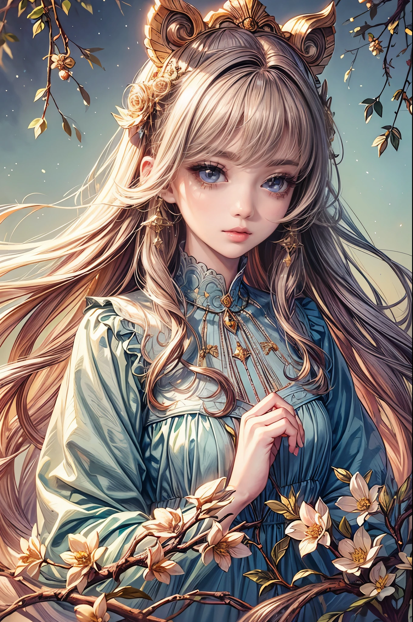 (best quality,8K,CG),detailed upper body,solitary girl,floral forest background,complex facial features,elegant long curly hair,almond-shaped big eyes,detailed eye makeup,long eyelashes,twinkling stars,exquisite lip details,soft and harmonious style.